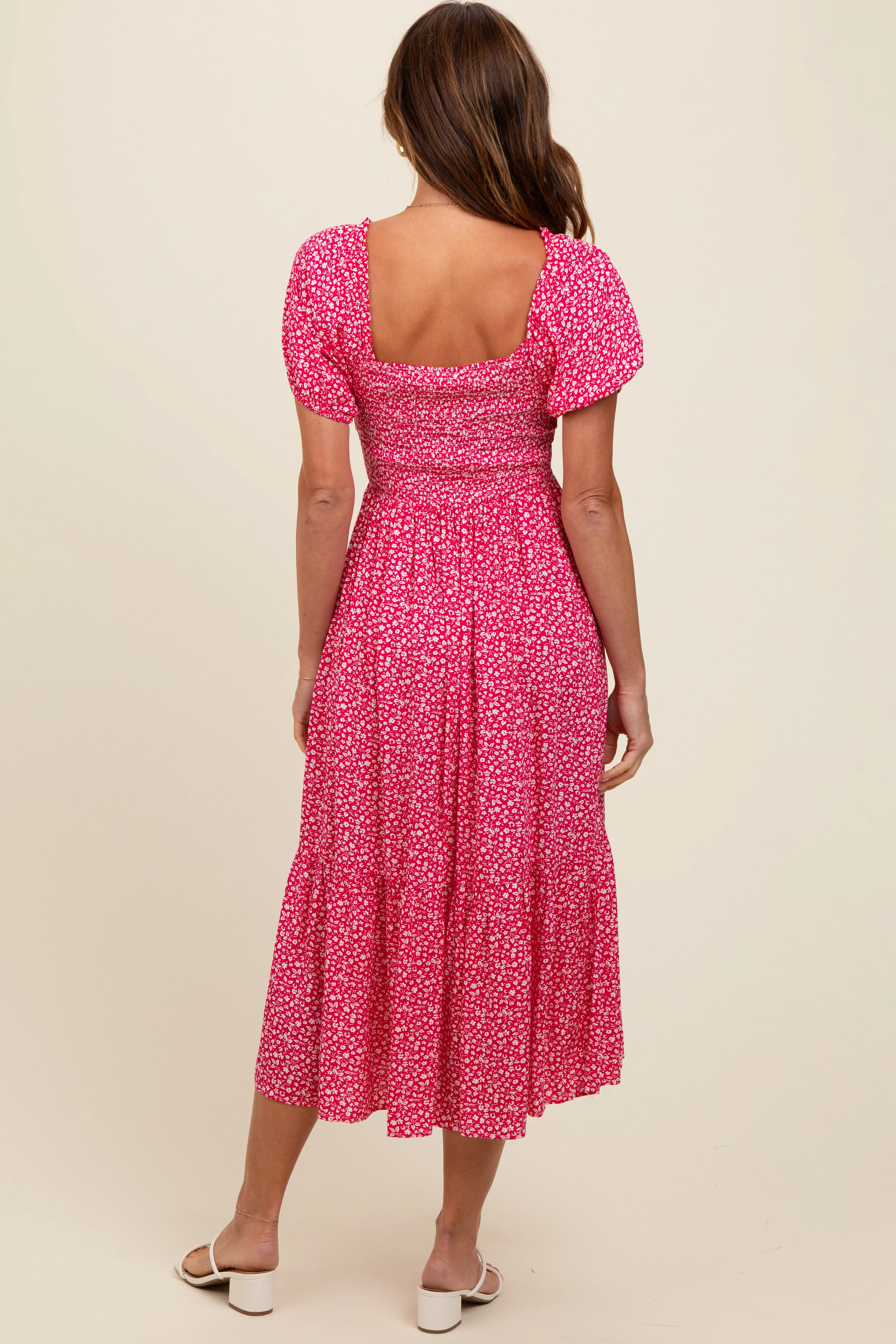Coral Floral Smocked Ruffle Hem Midi Dress - Image 3