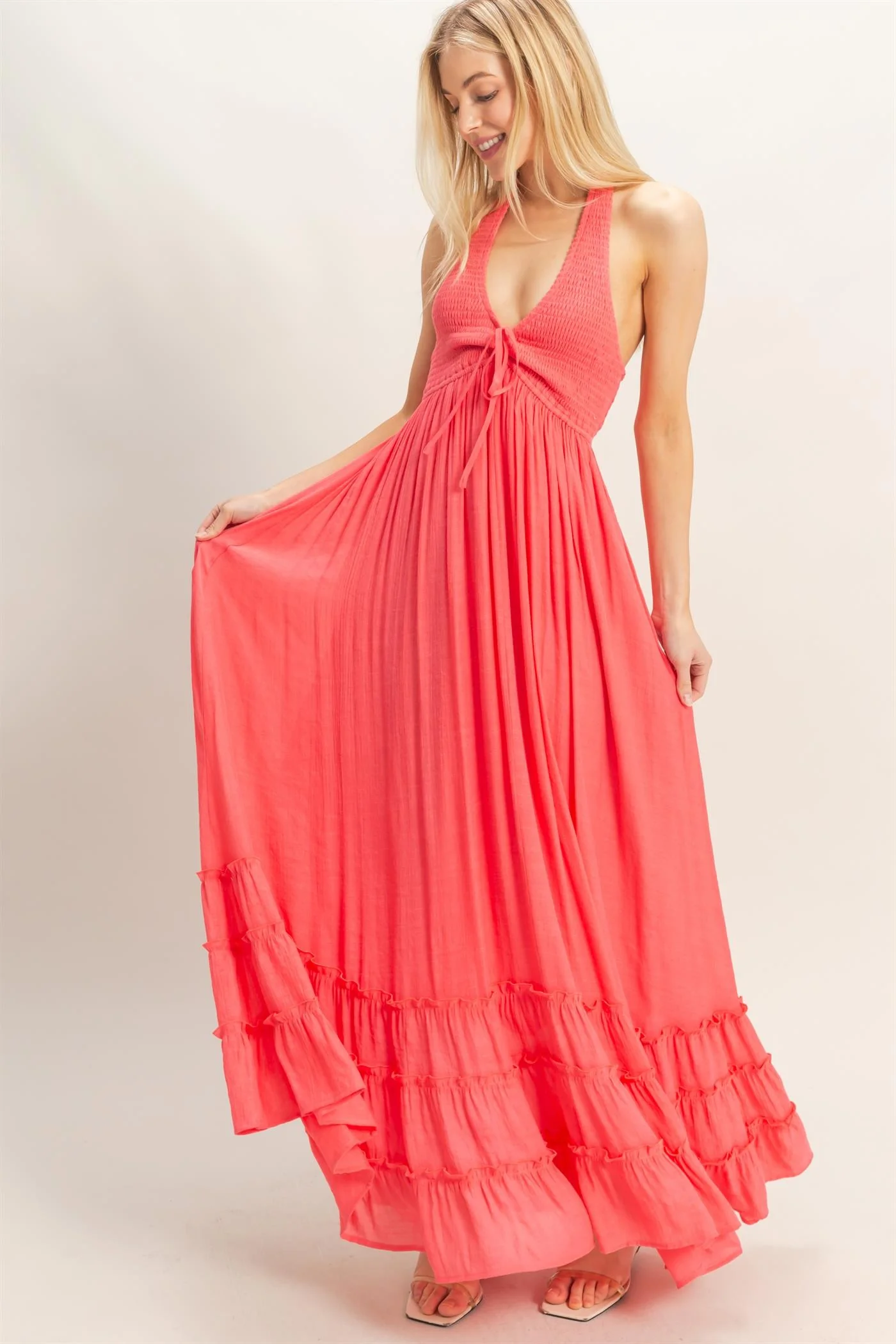 Coral Halter Neck Smocked Maxi Dress - Image 2
