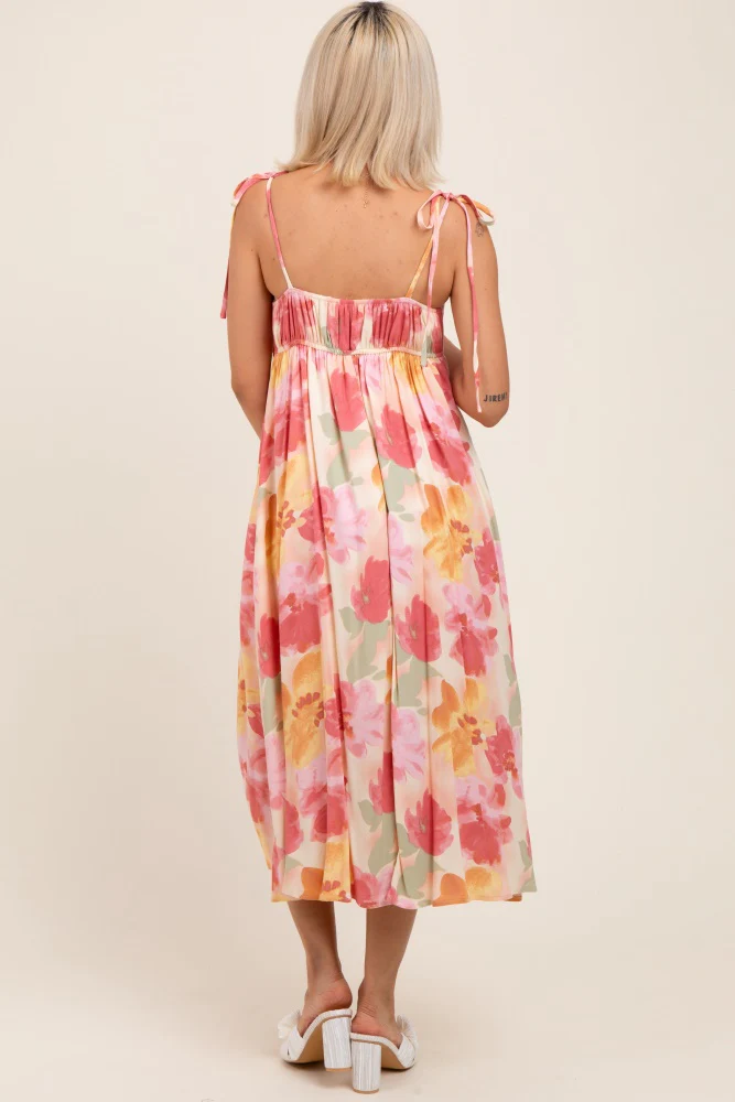 Coral Multi Floral Print Ruched Shoulder Tie Maternity Midi Dress - Image 4