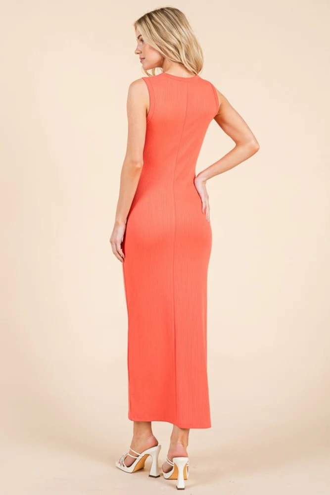 Coral Ribbed Square Neck Sleeveless Maxi Dress - Image 3