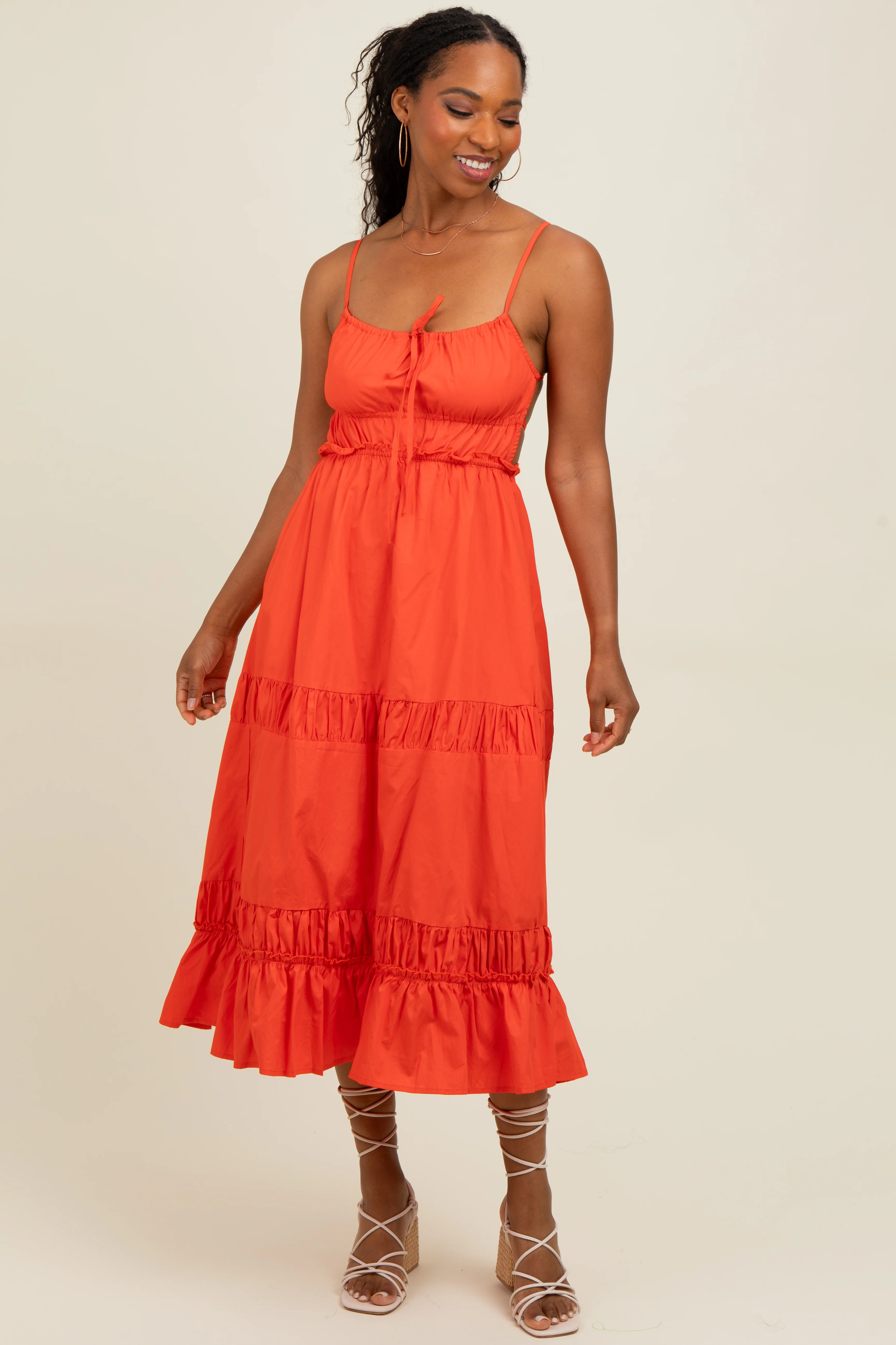 Coral Ruffle Accent Backless Tie Detail Maternity Midi Dress - Image 3