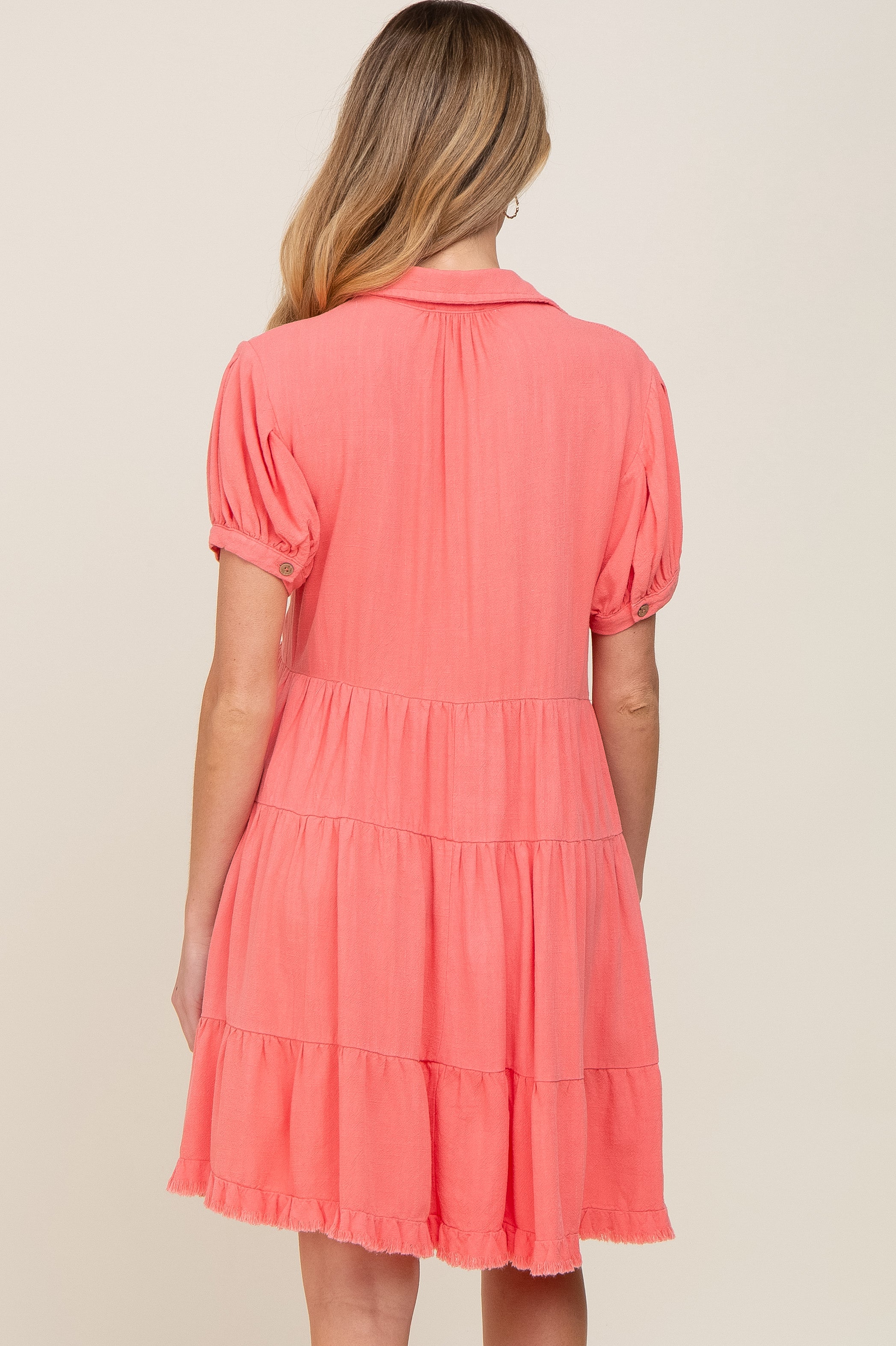 Coral Tiered Collared Linen Maternity Dress - Image 4