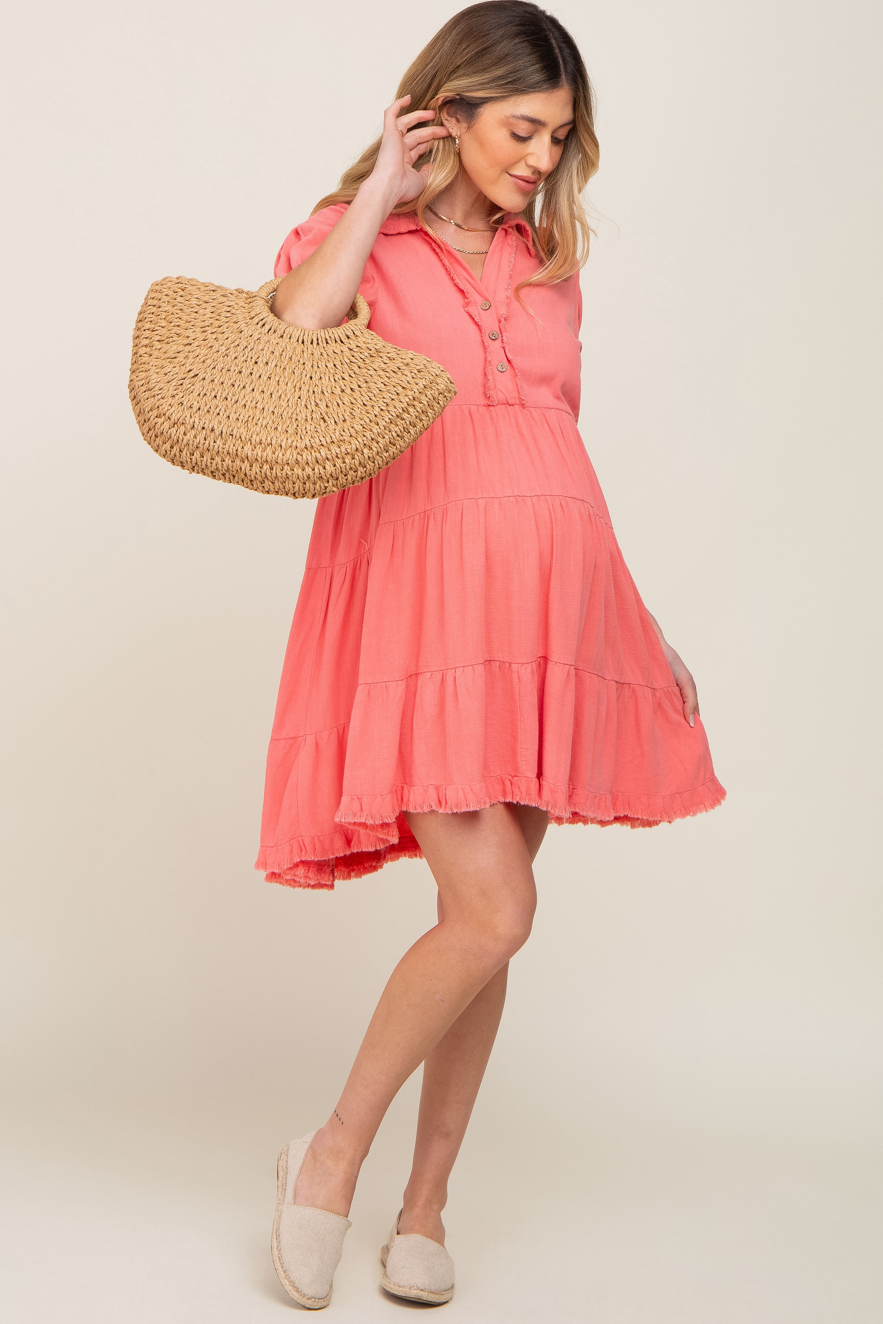 Coral Tiered Collared Linen Maternity Dress - Image 5