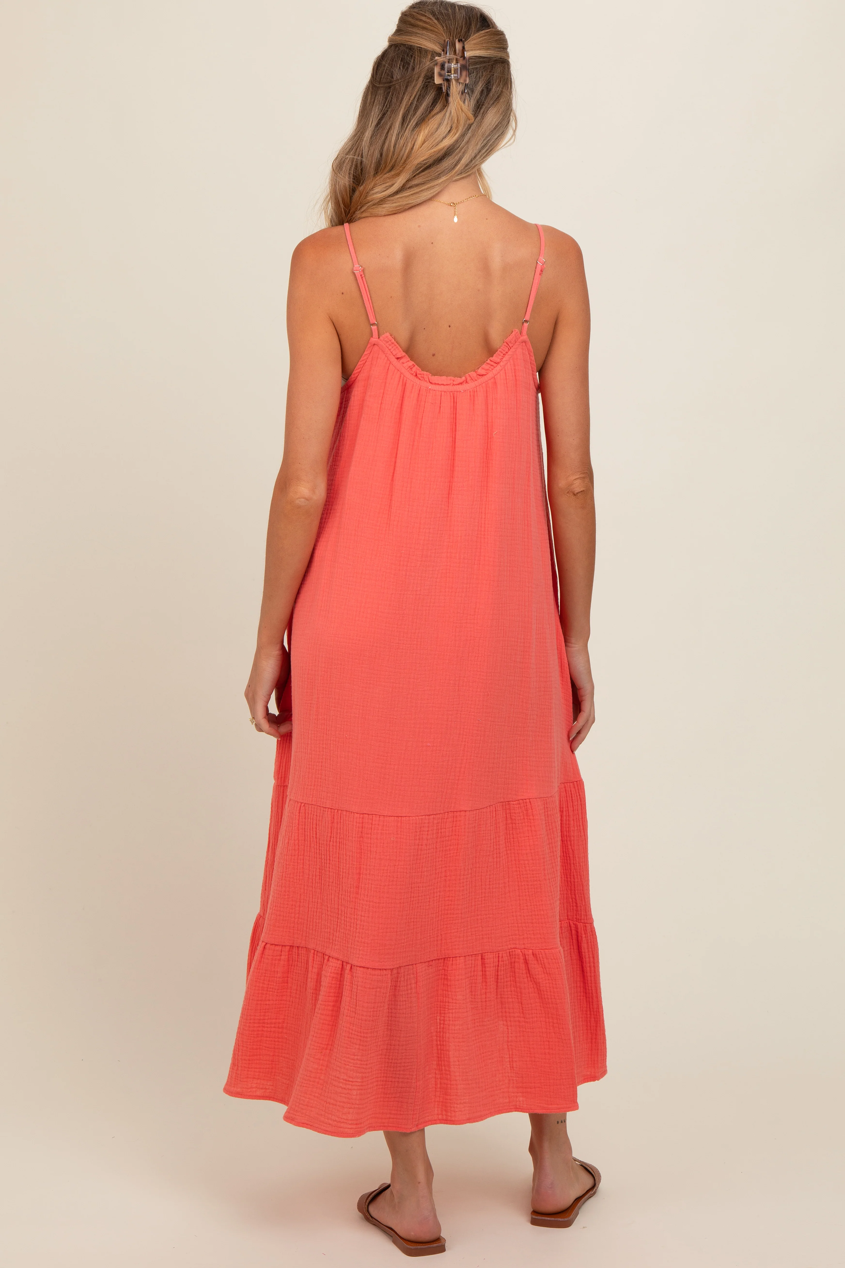 Coral Tiered Hem Maternity Midi Dress - Image 4