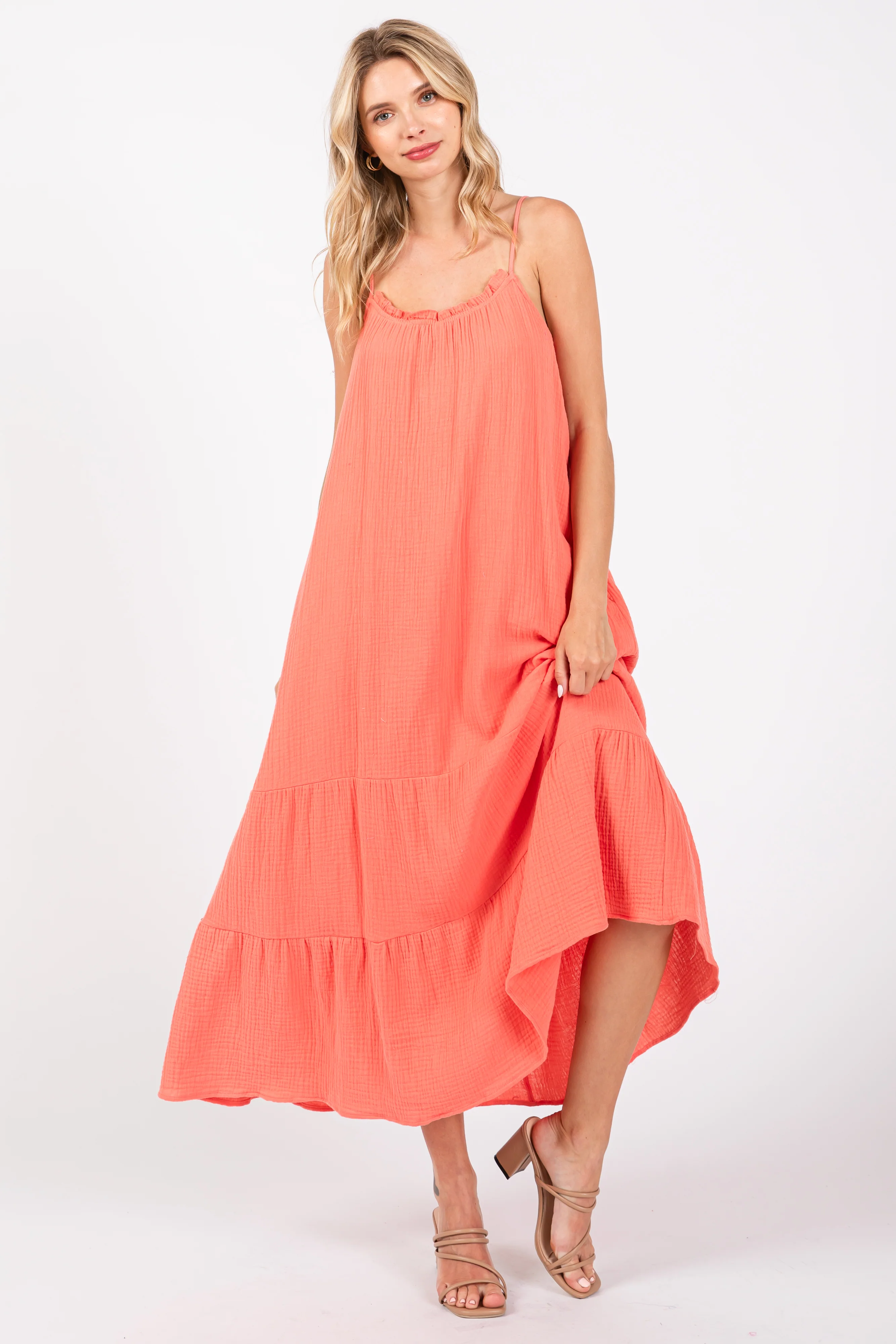 Coral Tiered Hem Midi Dress - Image 5