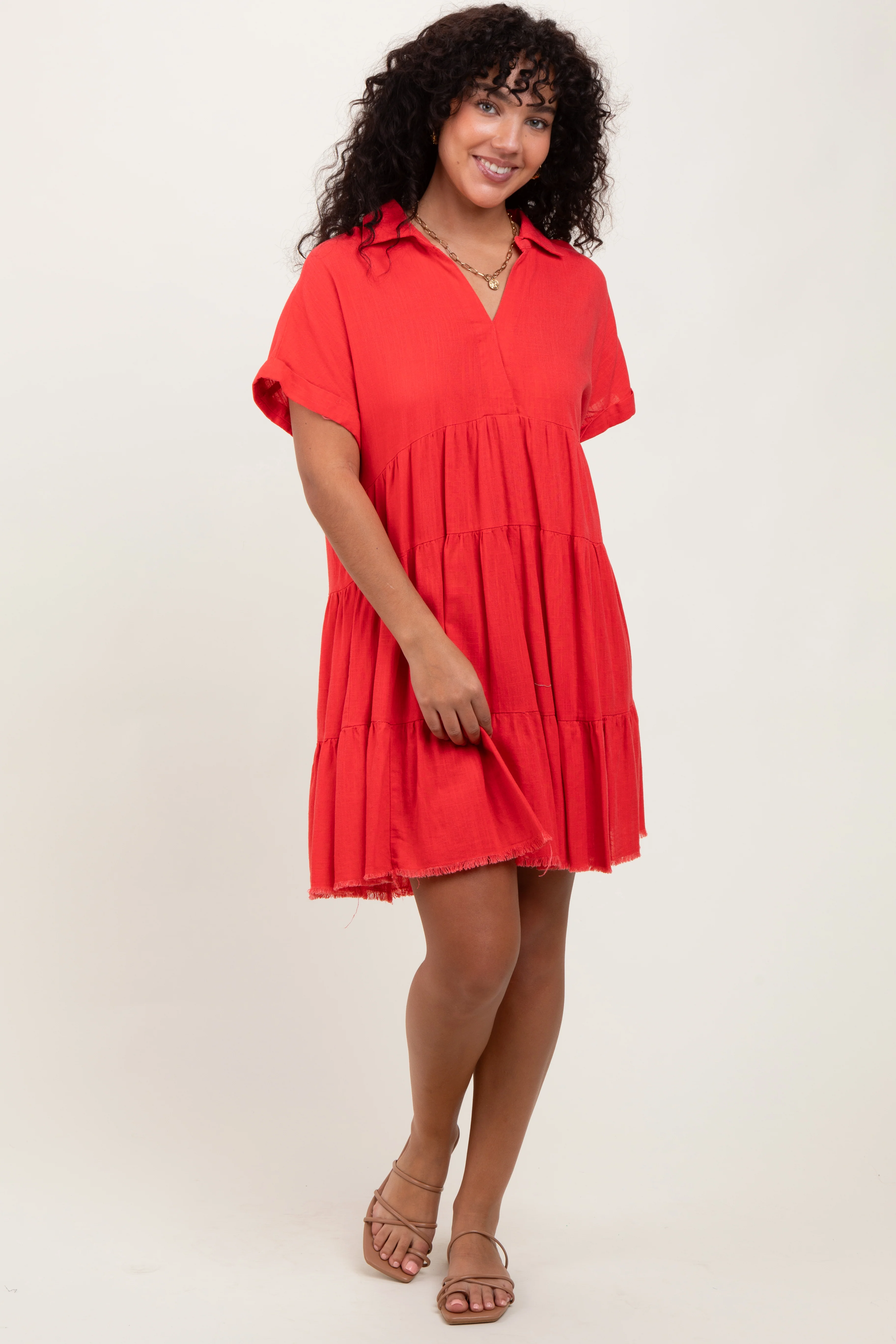 Coral Tiered Linen Dress - Image 2
