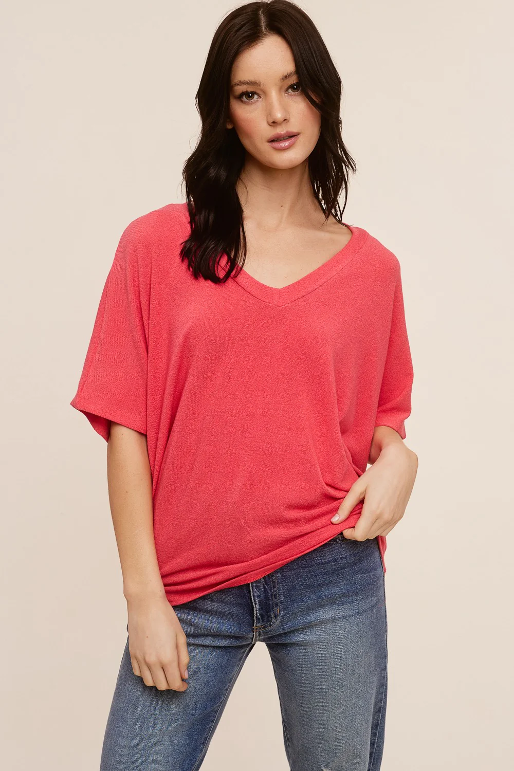 Coral V-Neck Crepe Knit Maternity Top - Image 4