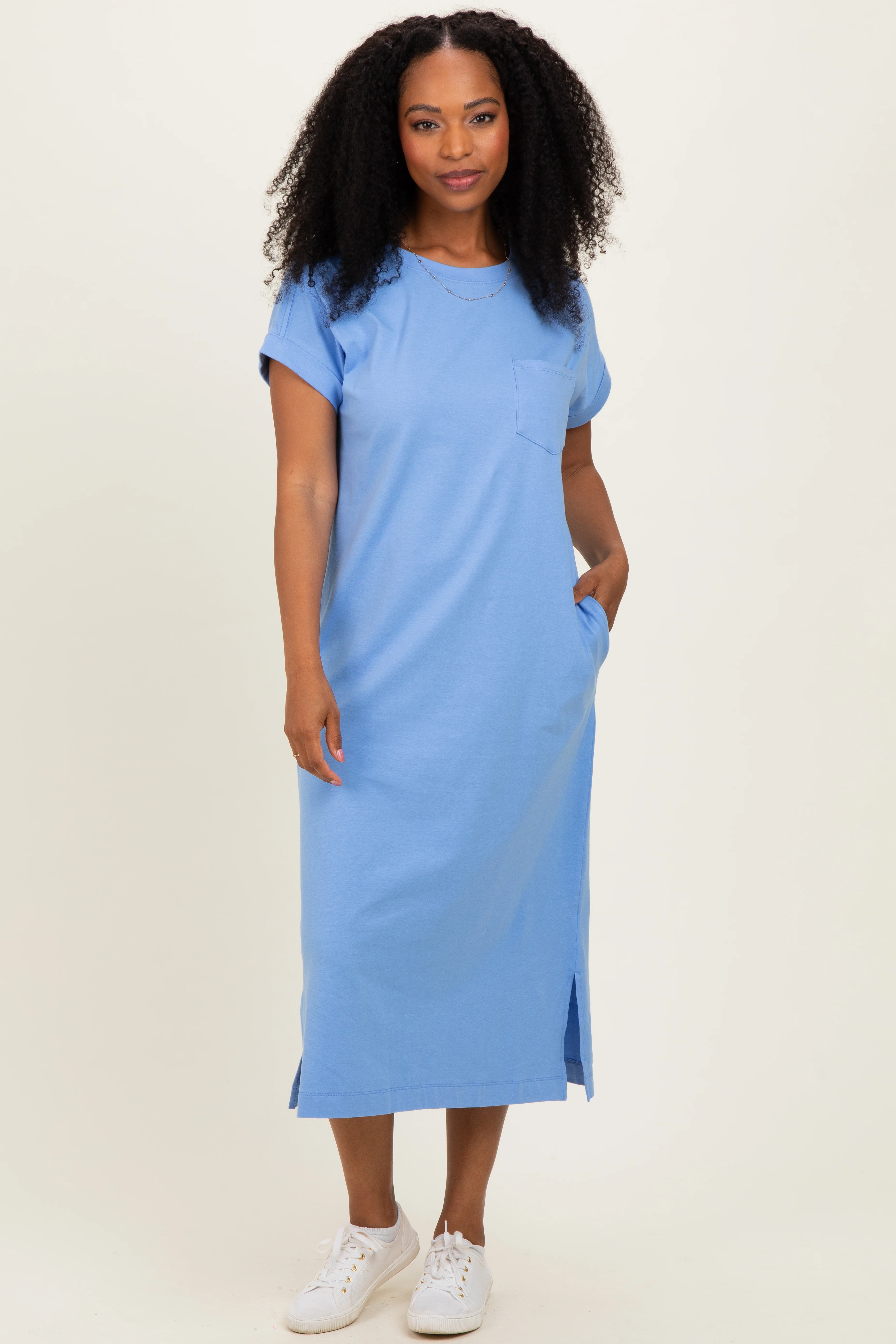 Cornflower Blue Pocket Front Maternity Midi T-Shirt Dress - Image 4