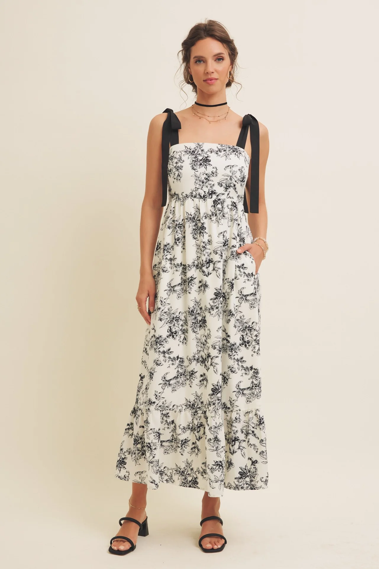 Cream/Black Floral Print Shoulder Bow Tie Maternity Midi Dress - Image 5