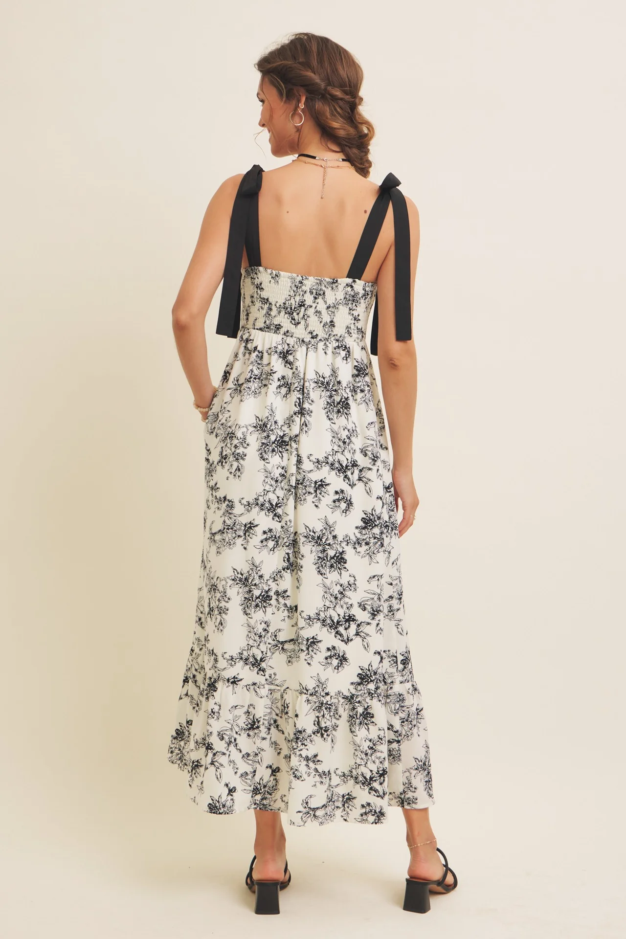 Cream/Black Floral Print Shoulder Bow Tie Midi Dress - Image 4