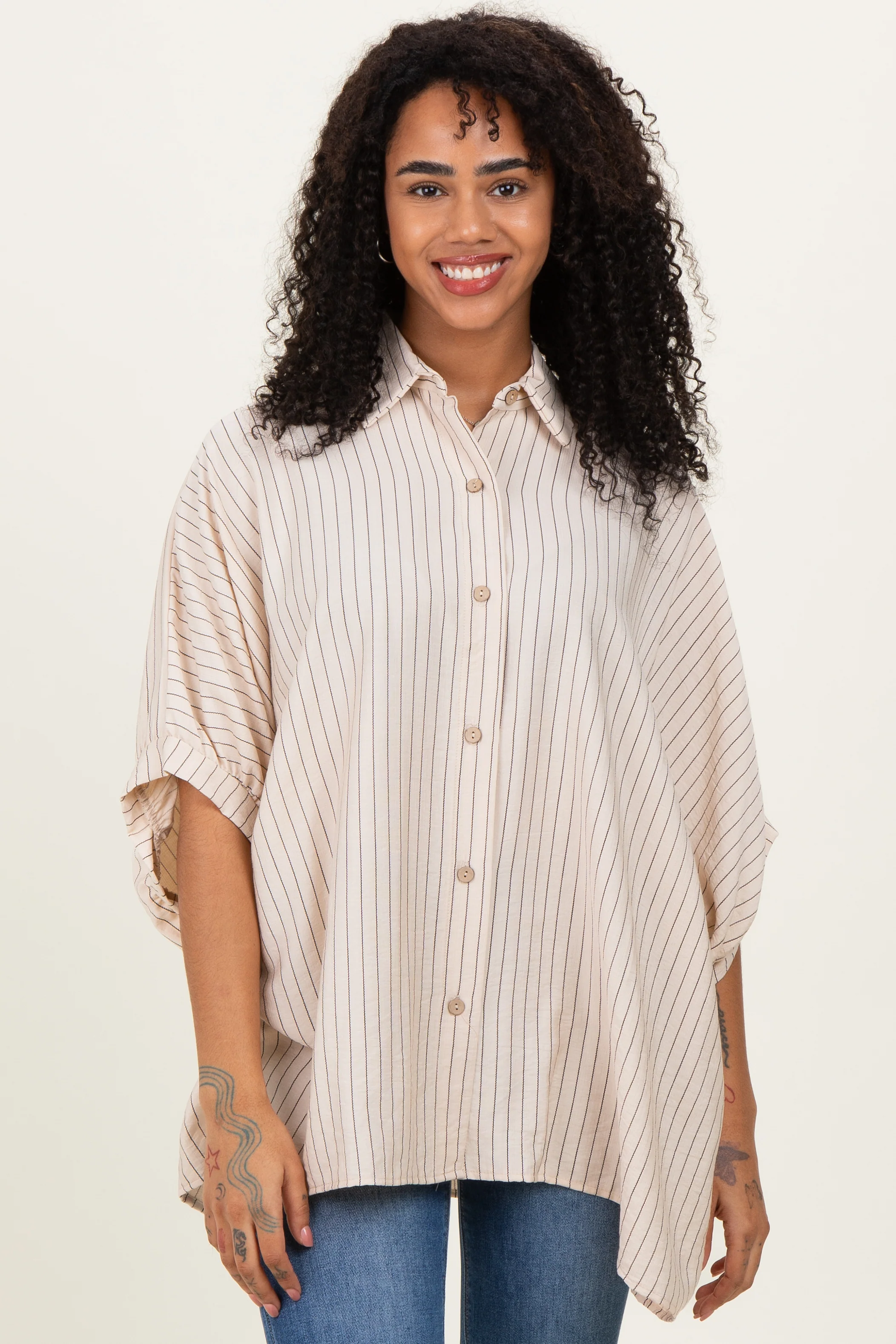 Cream/Black Striped Short Sleeve Collared Button Down Maternity Blouse - Image 4