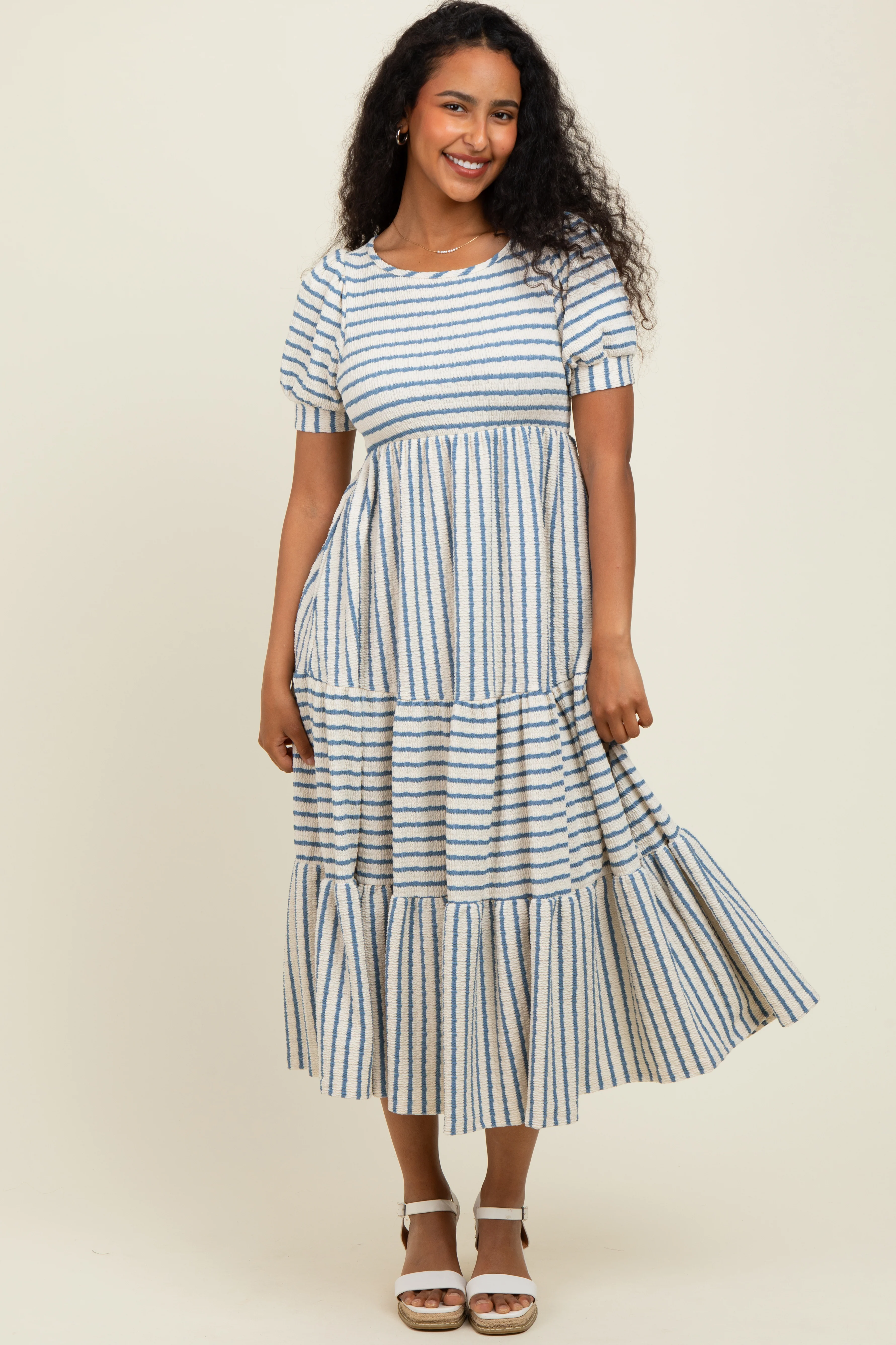 Cream/Blue Striped Short Sleeve Tiered Maternity Maxi Dress - Image 4