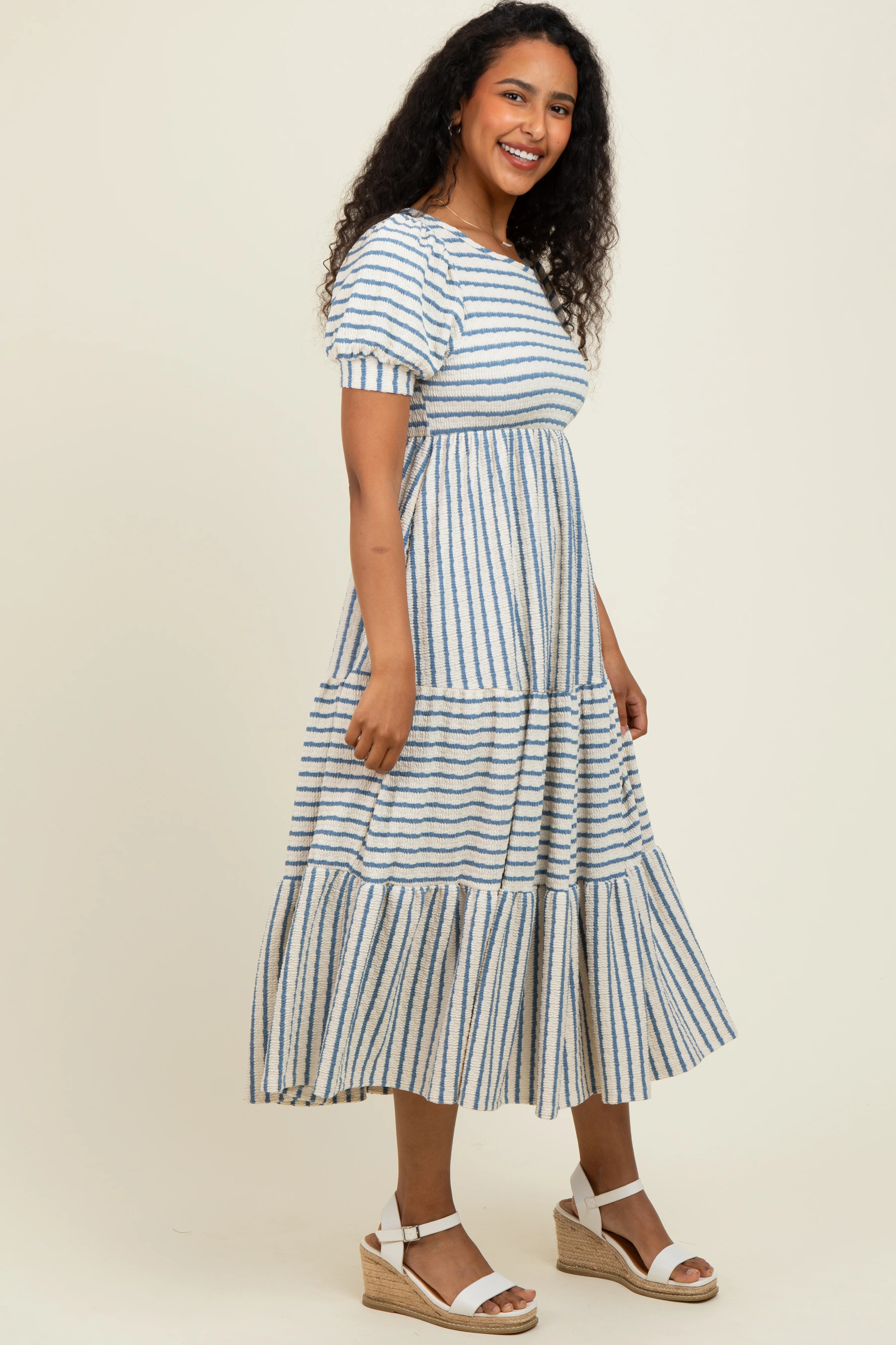 Cream/Blue Striped Short Sleeve Tiered Maxi Dress - Image 3