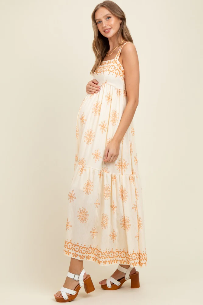 Cream Border Print Sleeveless Tiered Maternity Maxi Dress - Image 3