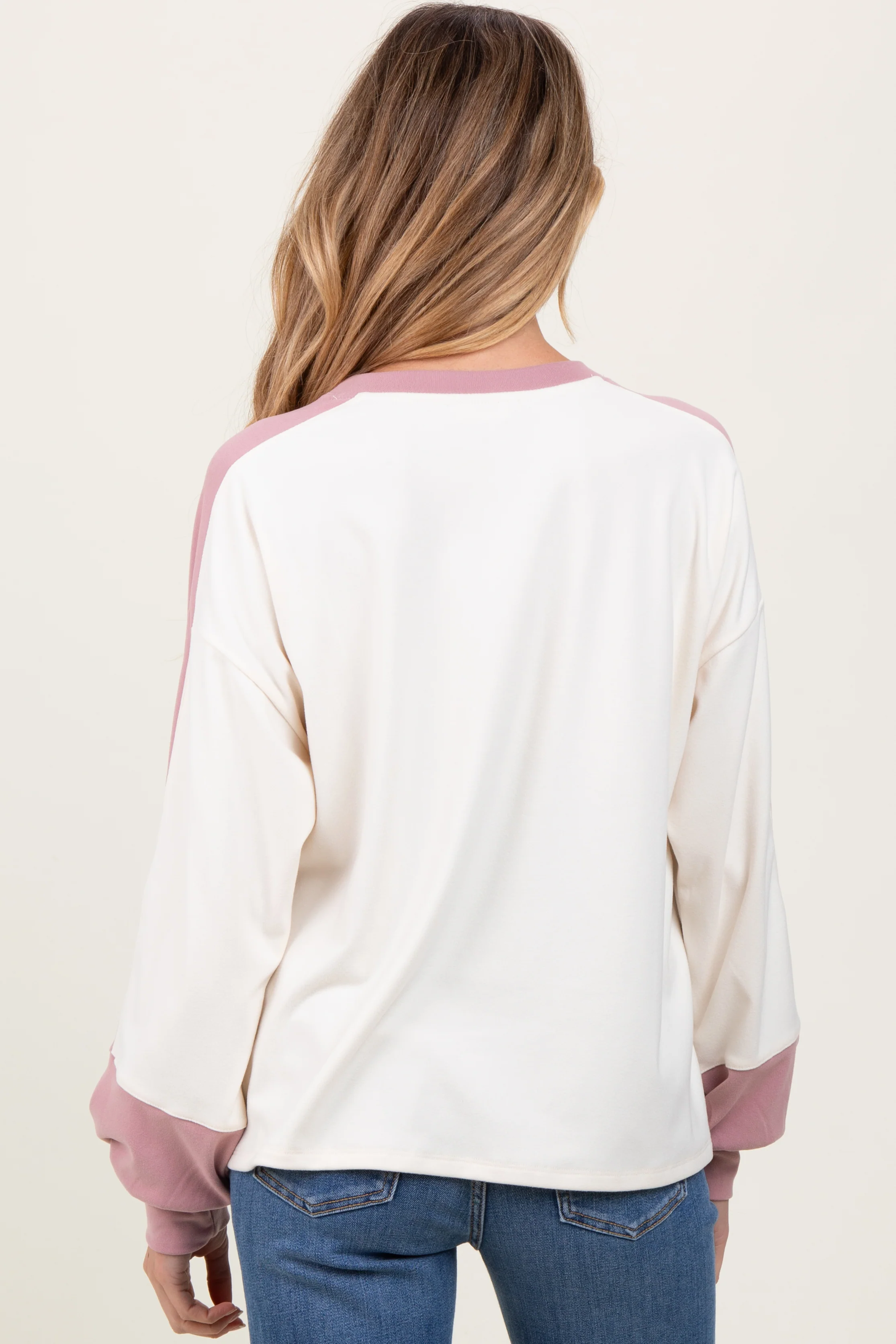 Cream Brushed Knit Colorblock Sleeve Maternity Pullover - Image 2