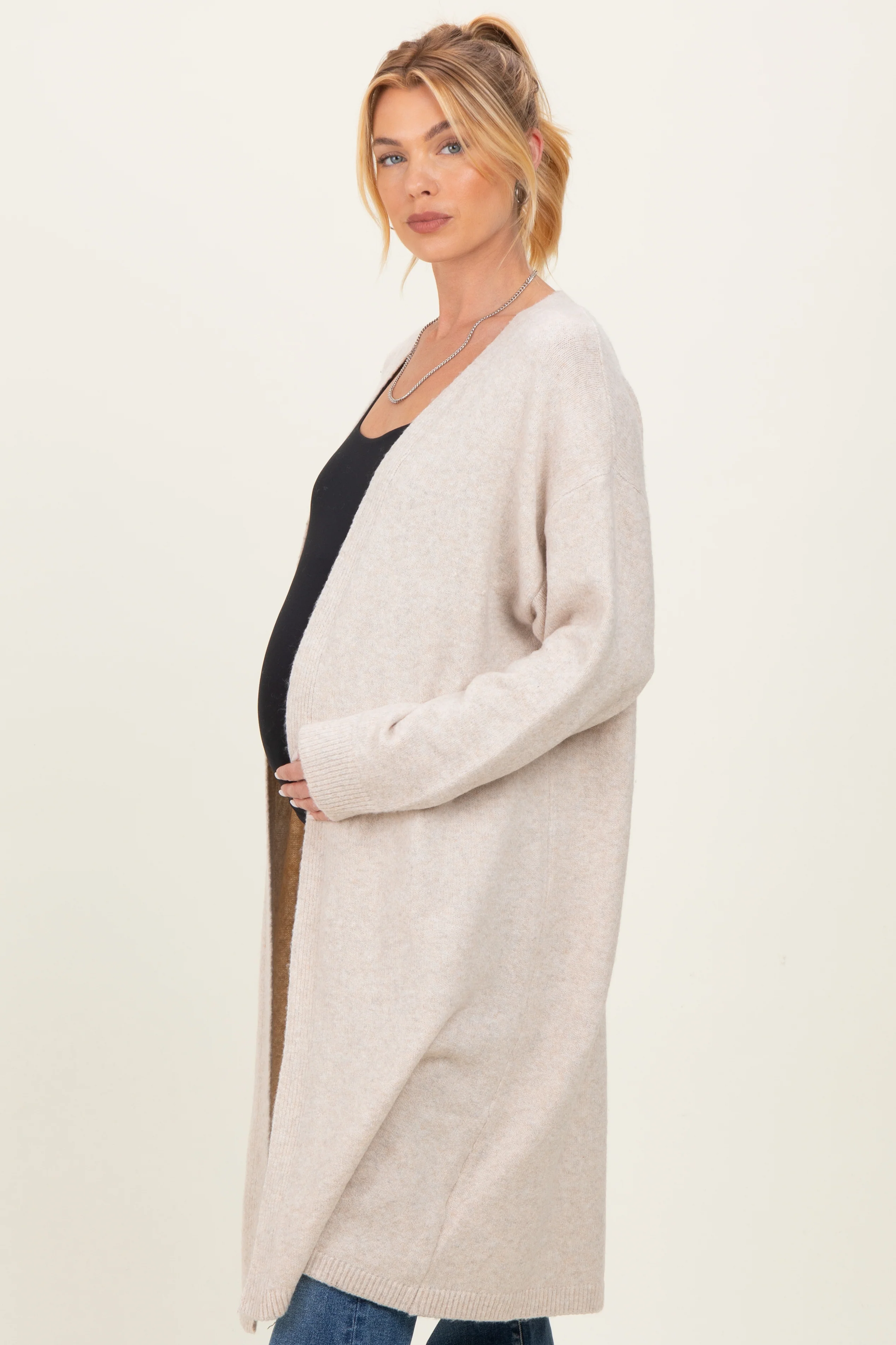 Cream Brushed Knit Maternity Open Long Cardigan - Image 3
