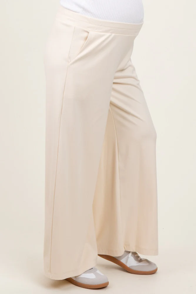 Cream Brushed Knit Wide Leg Maternity Pants - Image 4