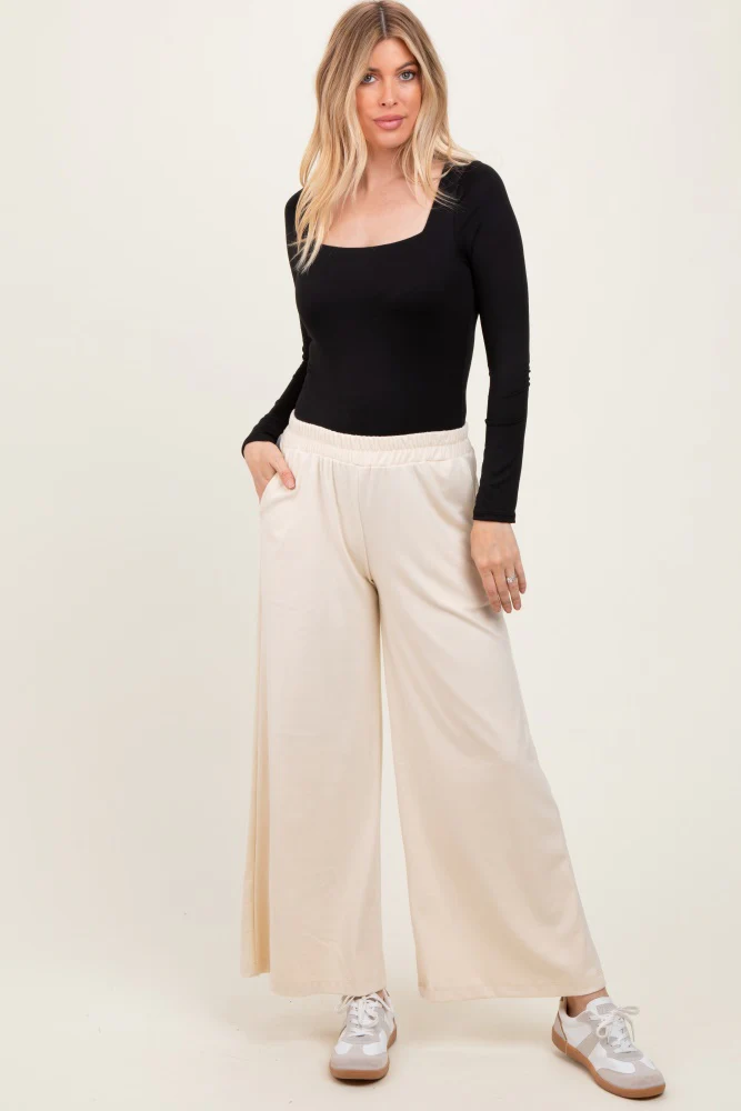 Cream Brushed Knit Wide Leg Maternity Pants - Image 6