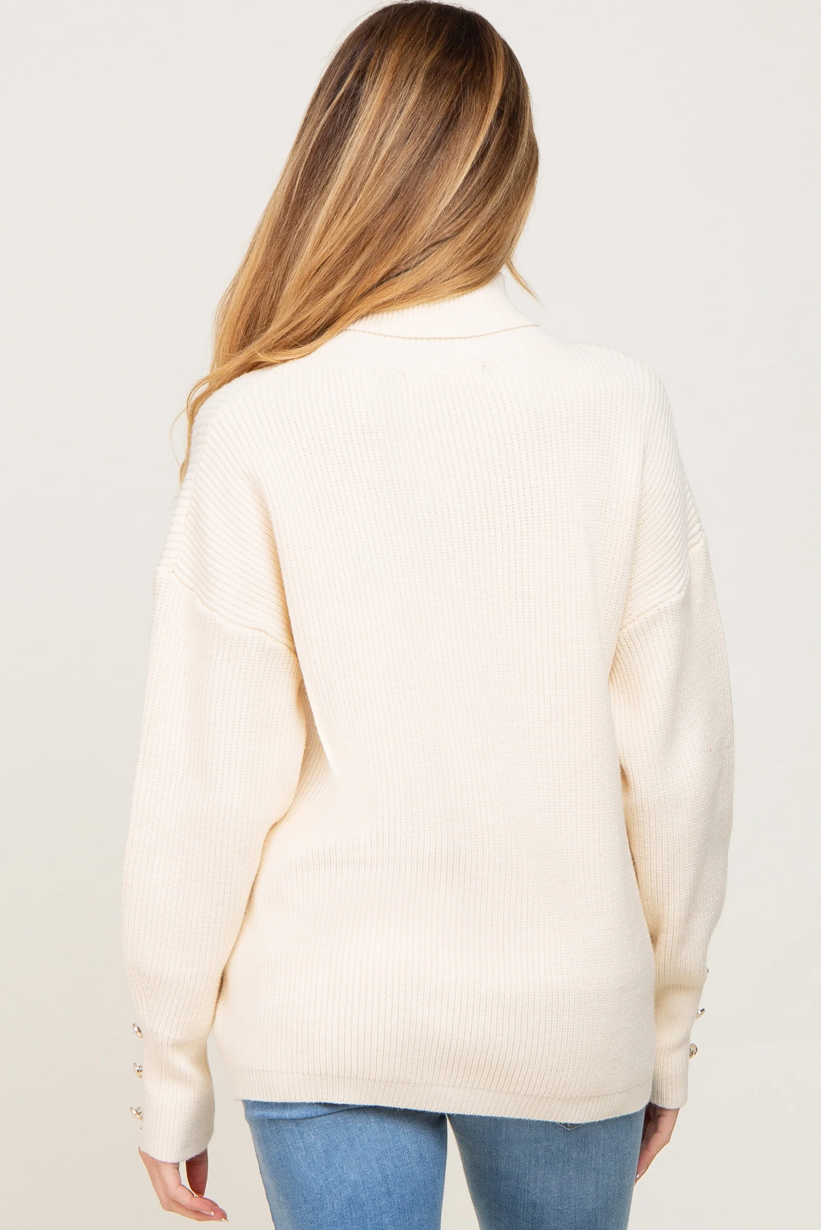 Cream Button Accent Turtleneck Maternity Sweater - Image 3