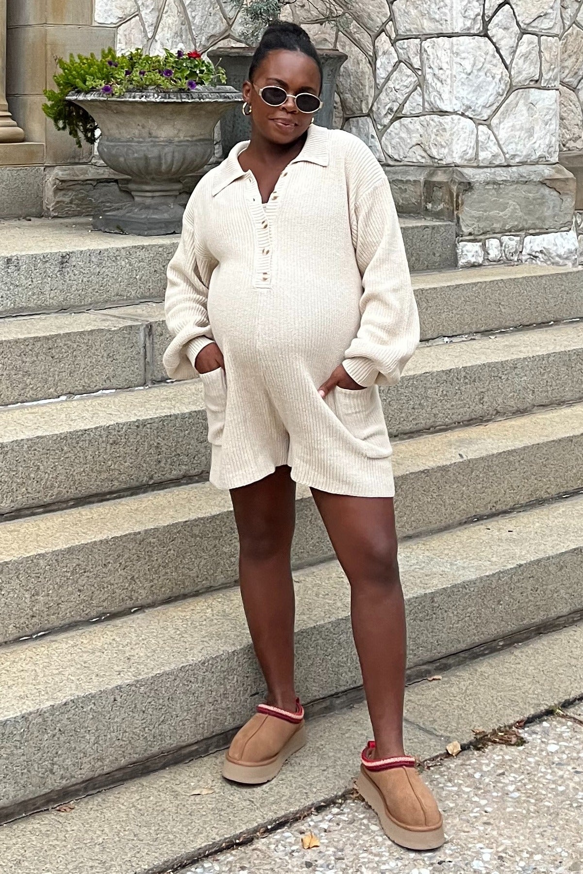Cream Button Down Maternity Sweater Romper - Image 10