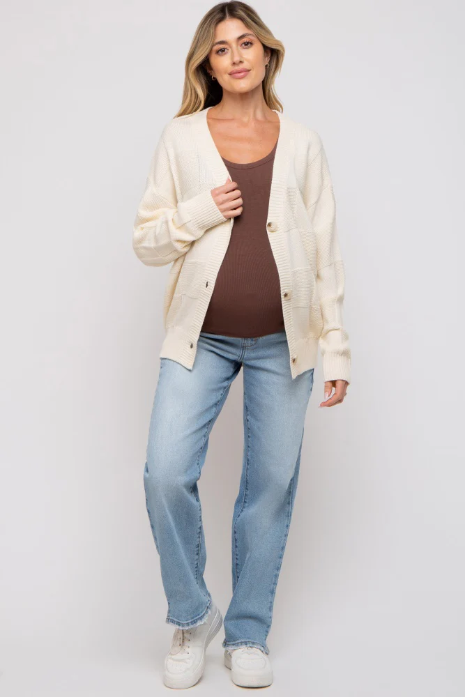 Cream Checkered Knit Button Front Maternity Cardigan - Image 2