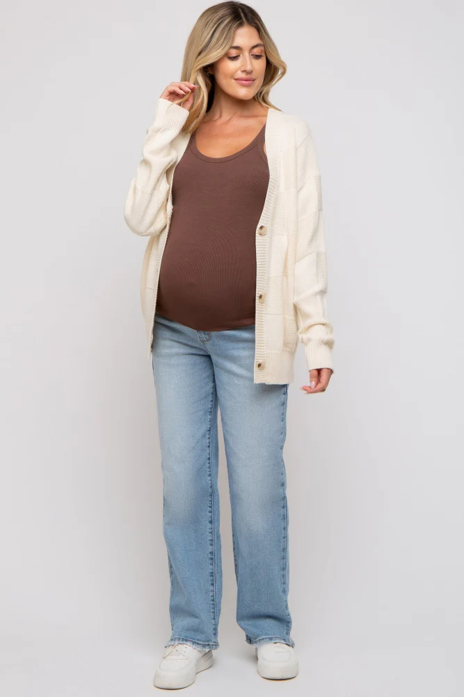 Cream Checkered Knit Button Front Maternity Cardigan - Image 6