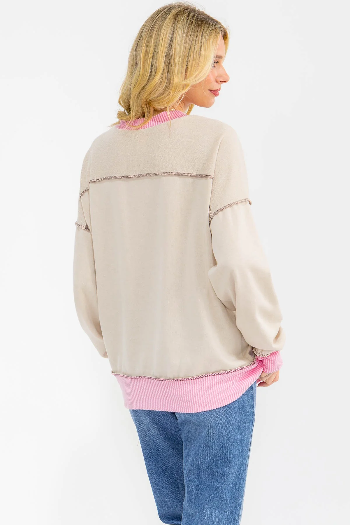 Cream Contrast Band Exposed Seam Pullover - Image 4