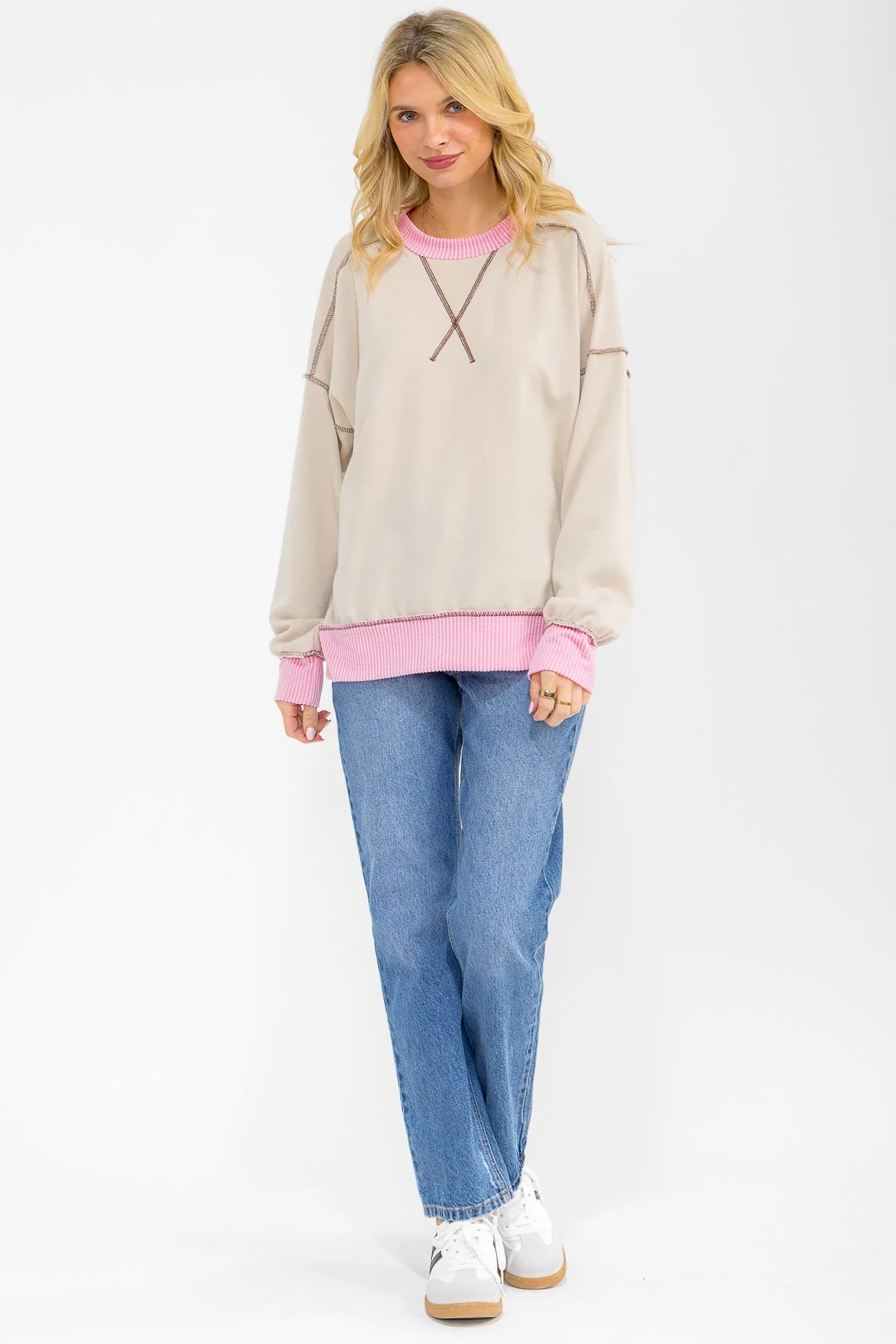 Cream Contrast Band Exposed Seam Pullover - Image 5
