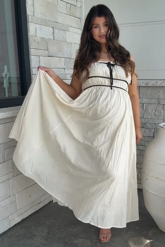 Cream Contrast Ribbon Trim Maternity Maxi Dress - Image 9