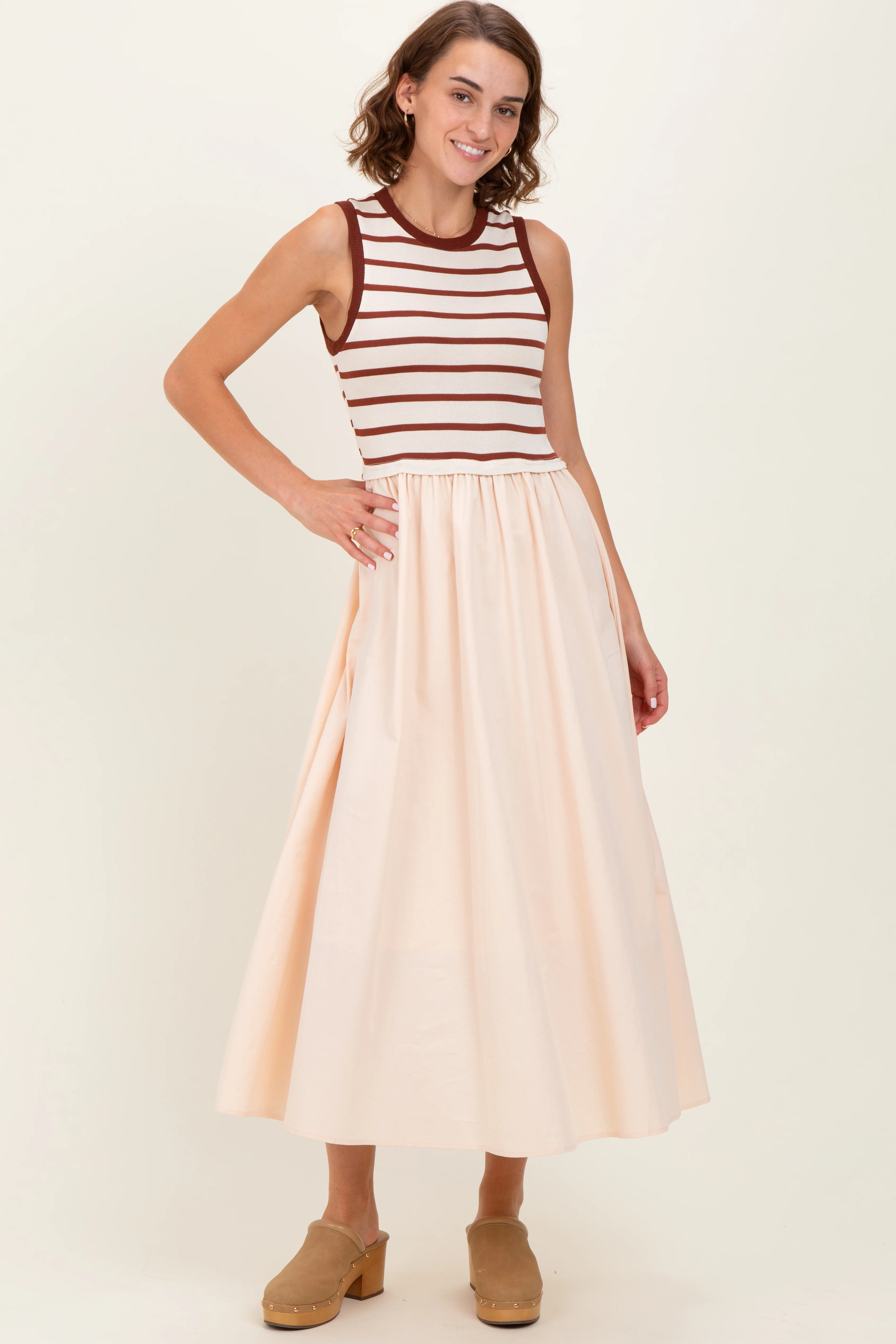 Cream Contrast Striped Bodice Sleeveless Maternity Maxi Dress - Image 5
