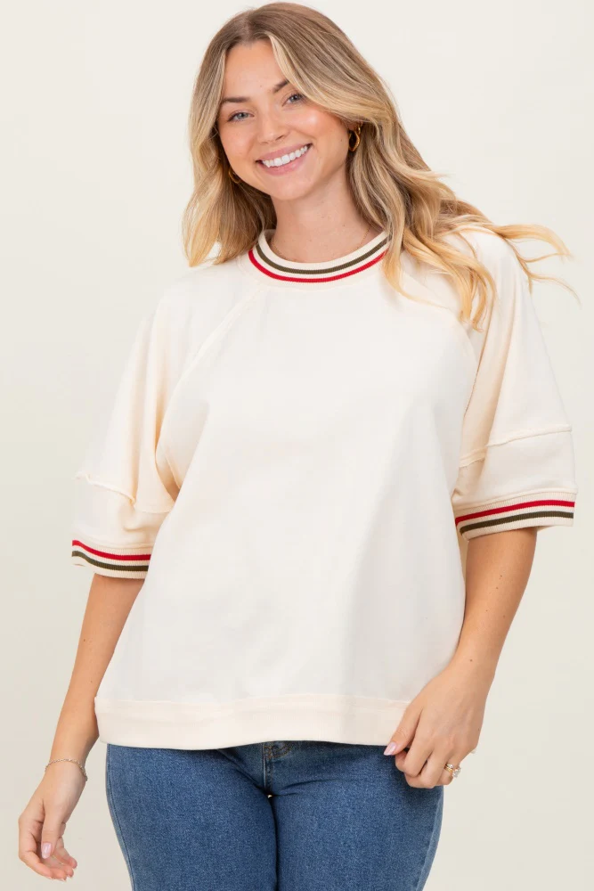 Cream Contrast Trim Short Sleeve Maternity Pullover - Image 6