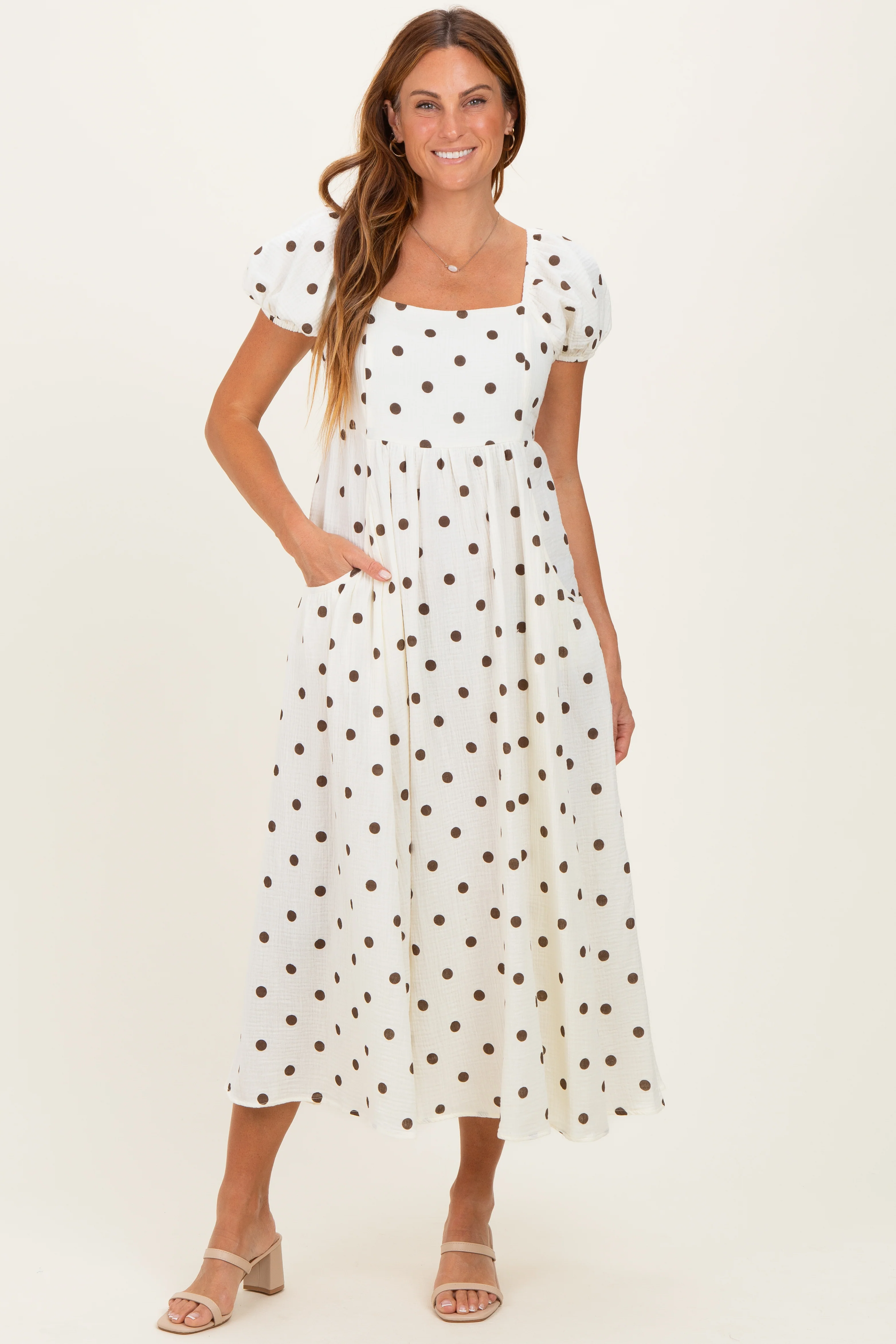 Cream Cotton Gauze Dot Print Ribbon Tie Back Maternity Midi Dress - Image 5