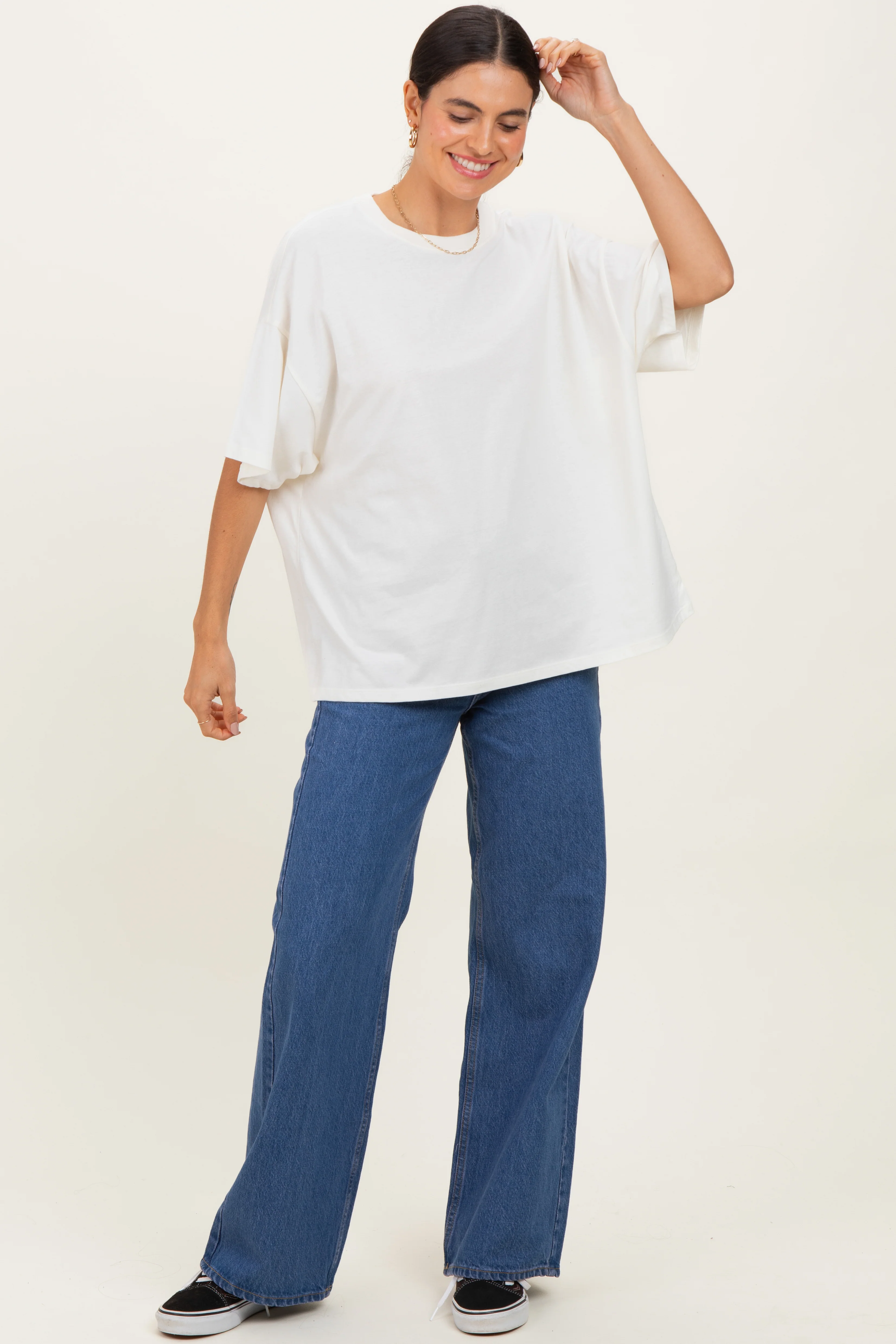 Cream Crew Neck Short Sleeve Oversized T-Shirt - Image 2