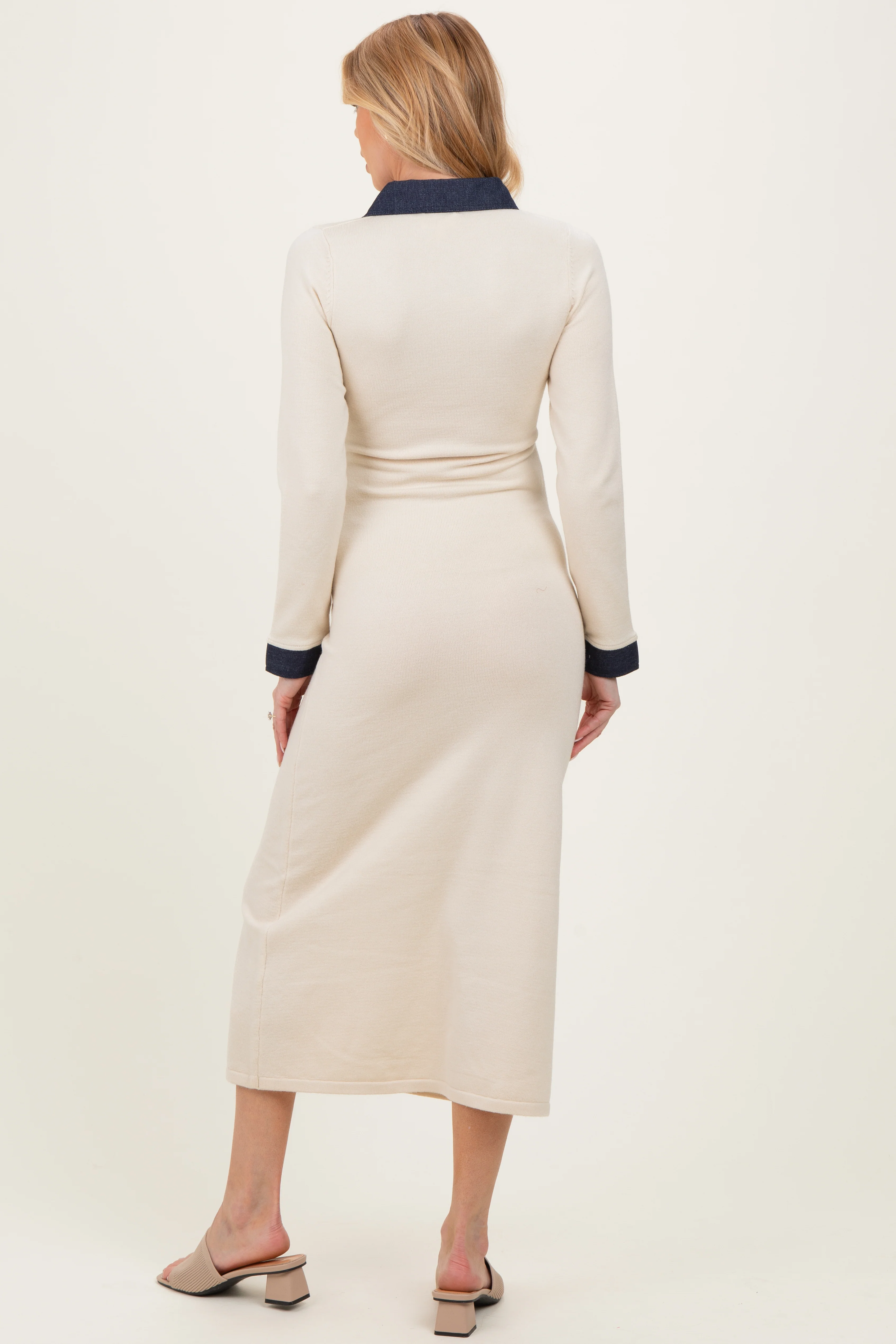 Cream Denim Trim Maternity Knit Dress - Image 4