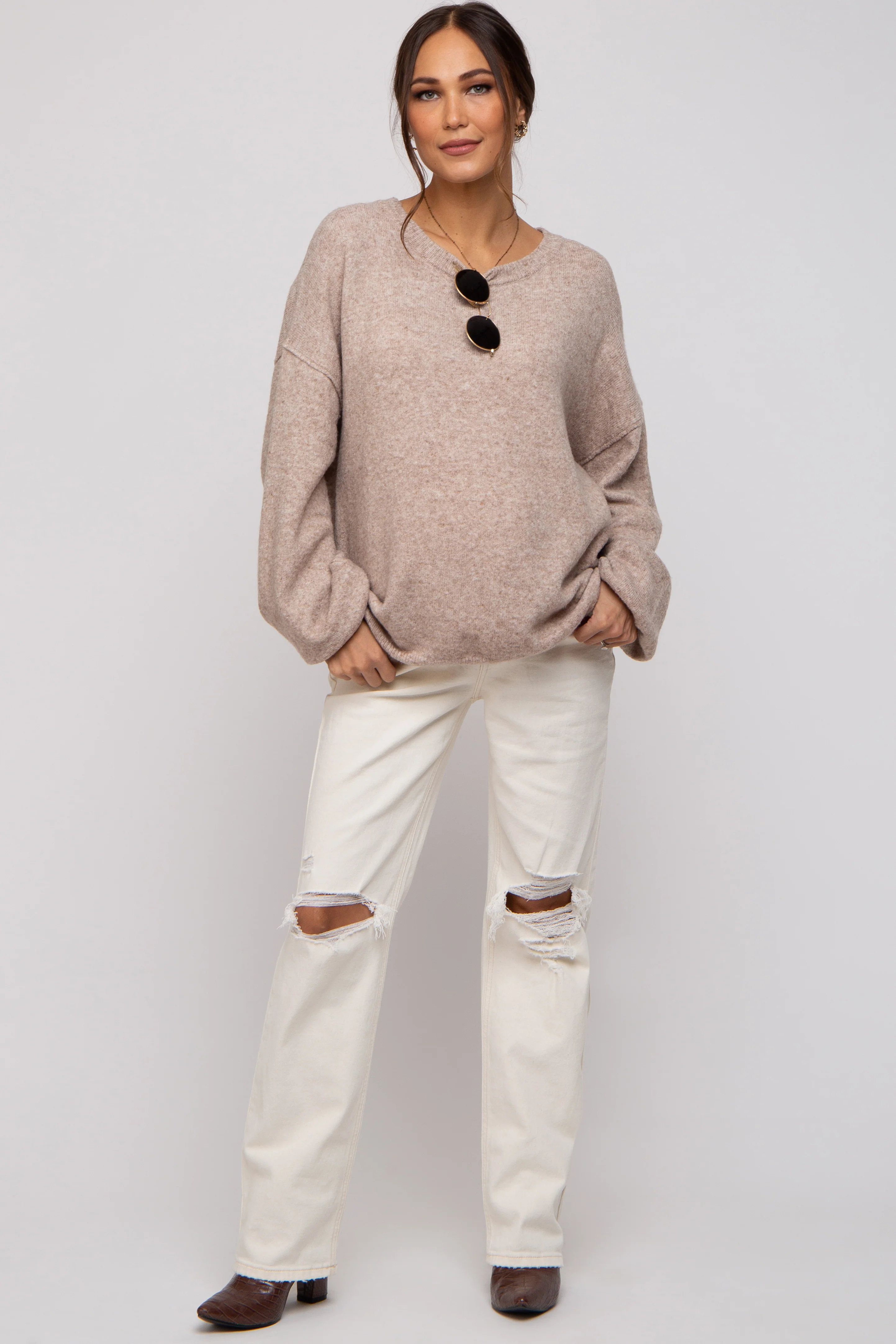 Cream Distressed Knee Maternity Jeans - Image 6