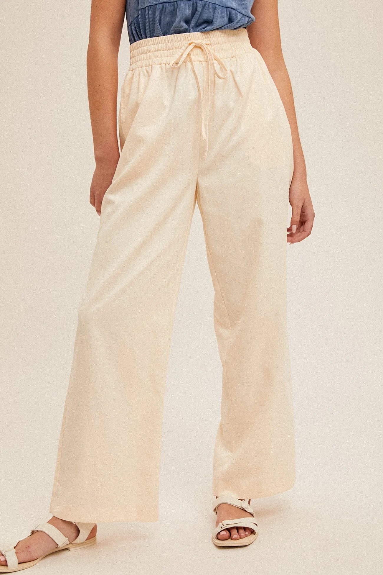 Cream Drawstring Detail Wide Leg Pants With Pockets - Image 2