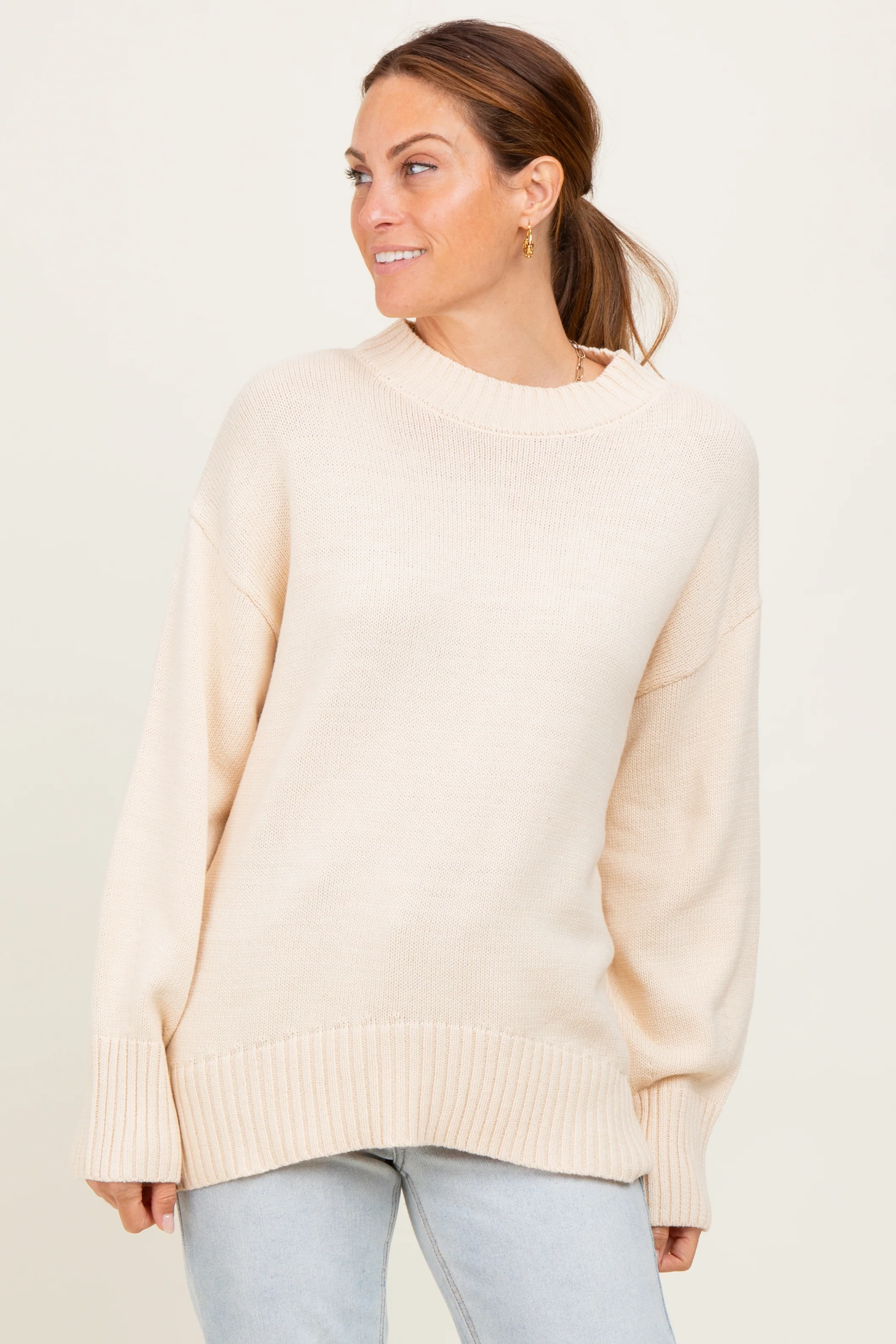 Cream Drop Shoulder Oversized Maternity Sweater - Image 5