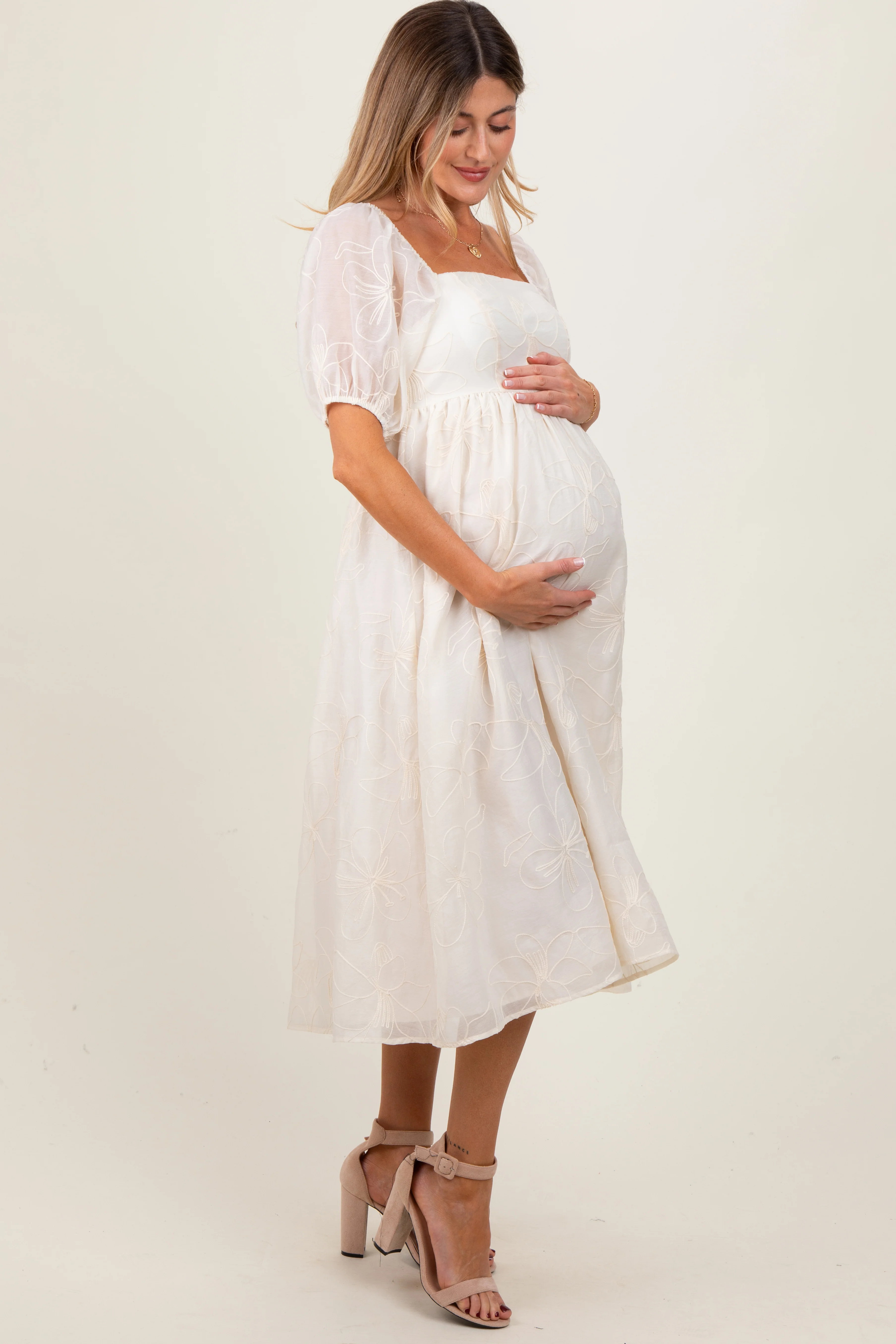 Cream Embroidered Floral Puff Sleeve Maternity Midi Dress - Image 3