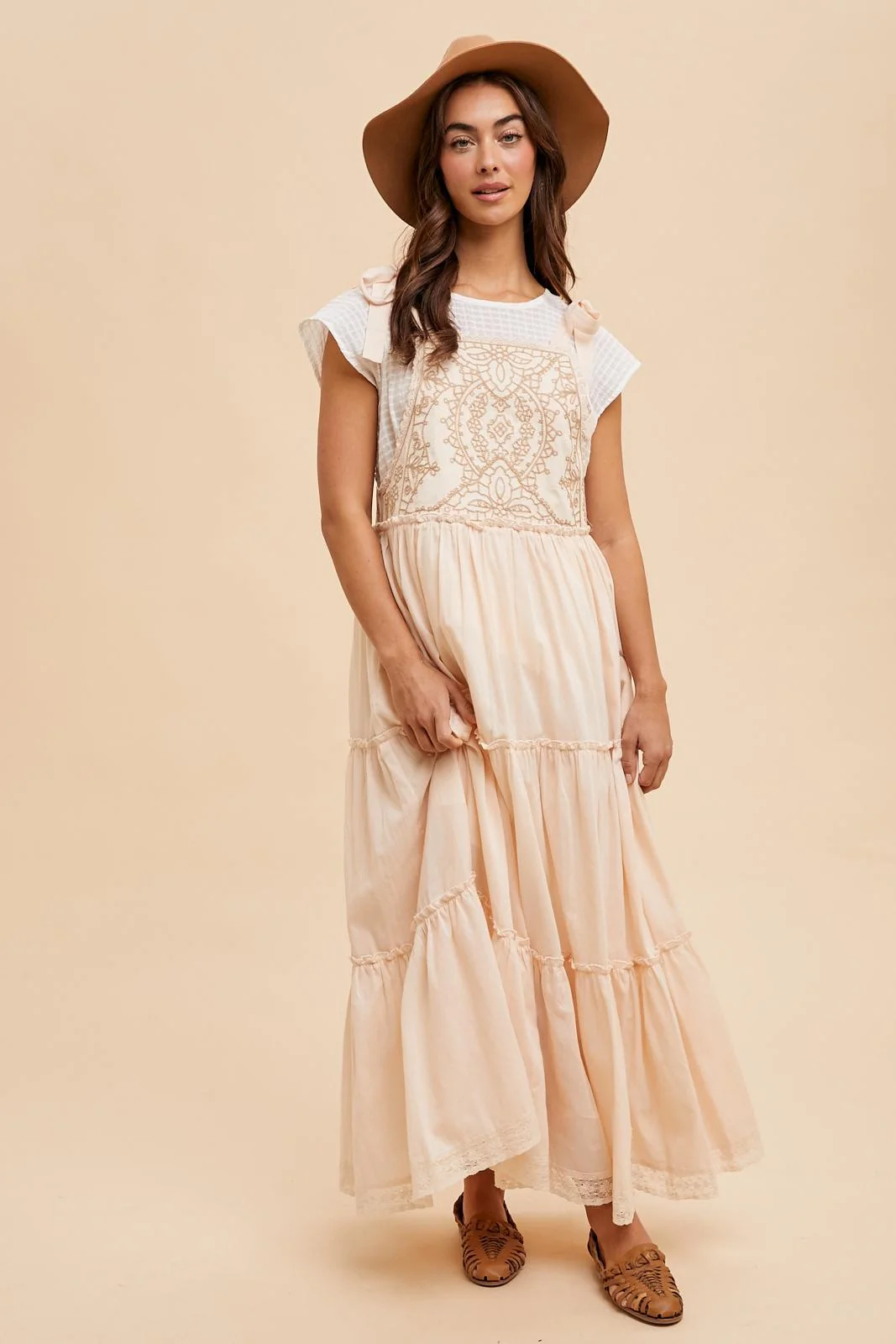 Cream Embroidered Ruffle Tiered Apron Dress - Image 3