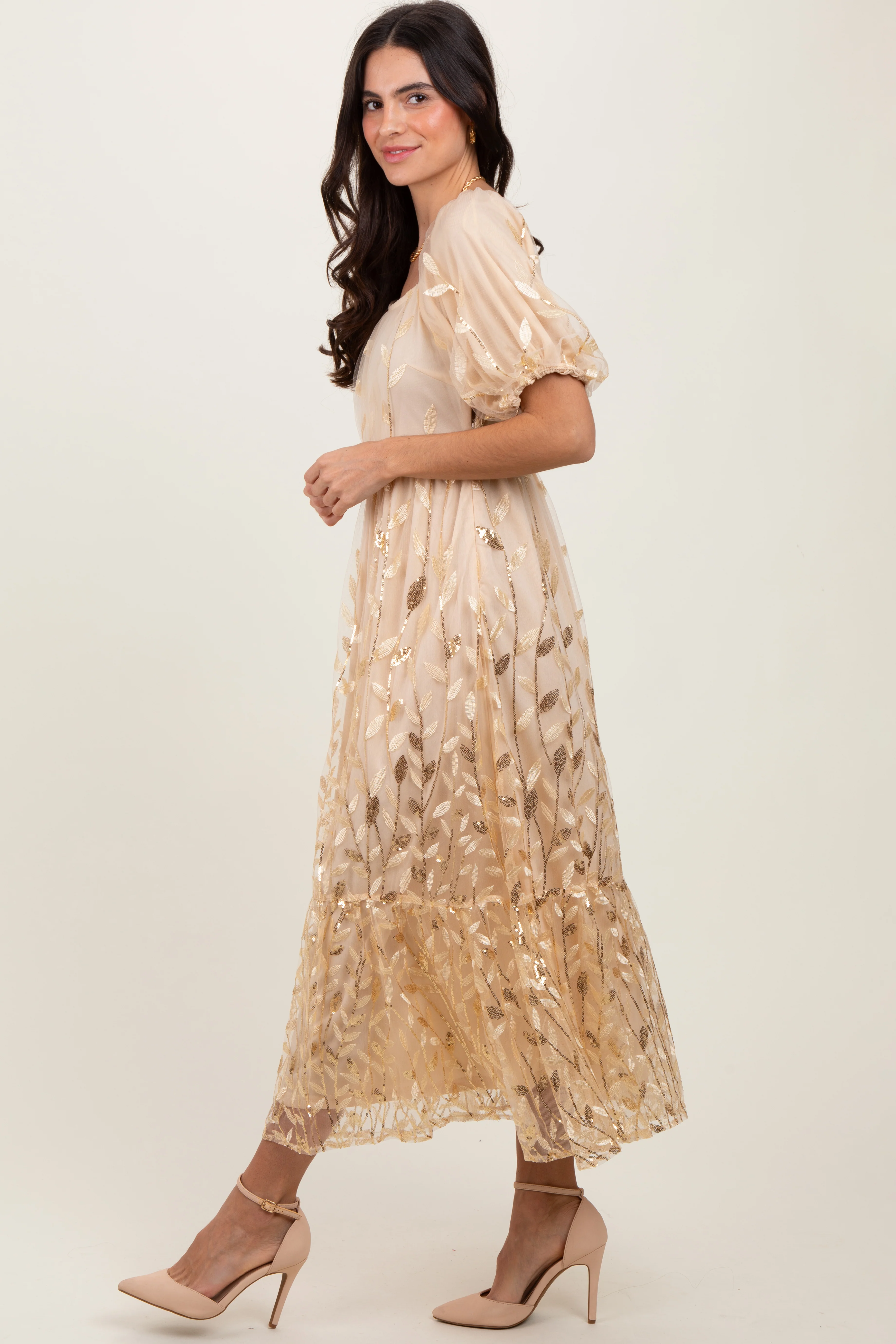 Cream Embroidered Sequin Detail Mesh Overlay Maternity Maxi Dress - Image 5