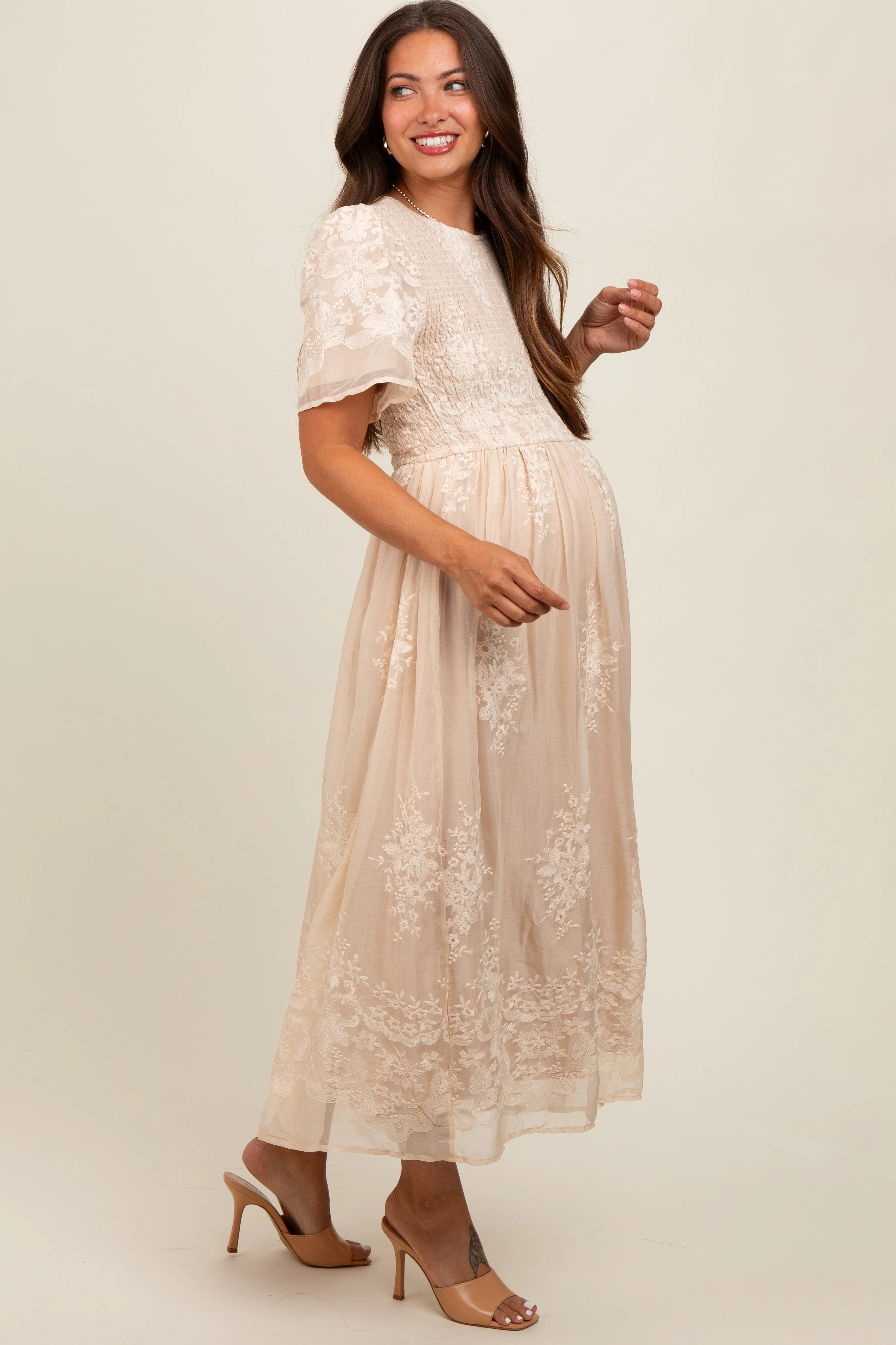 Cream Embroidered Smocked Maternity Midi Dress - Image 3