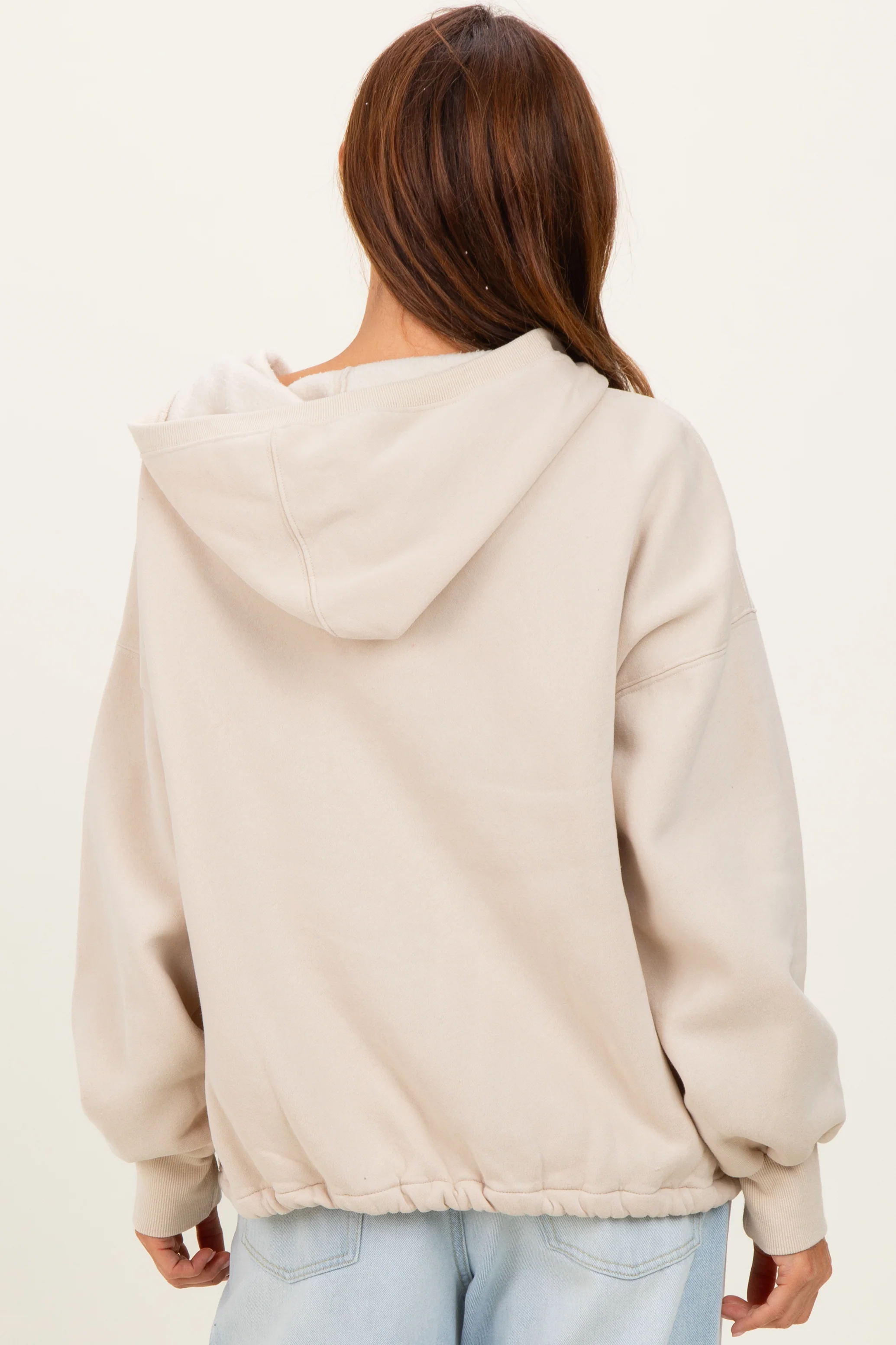 Cream Fleece Half Zip Drop Shoulder Hoodie - Image 4