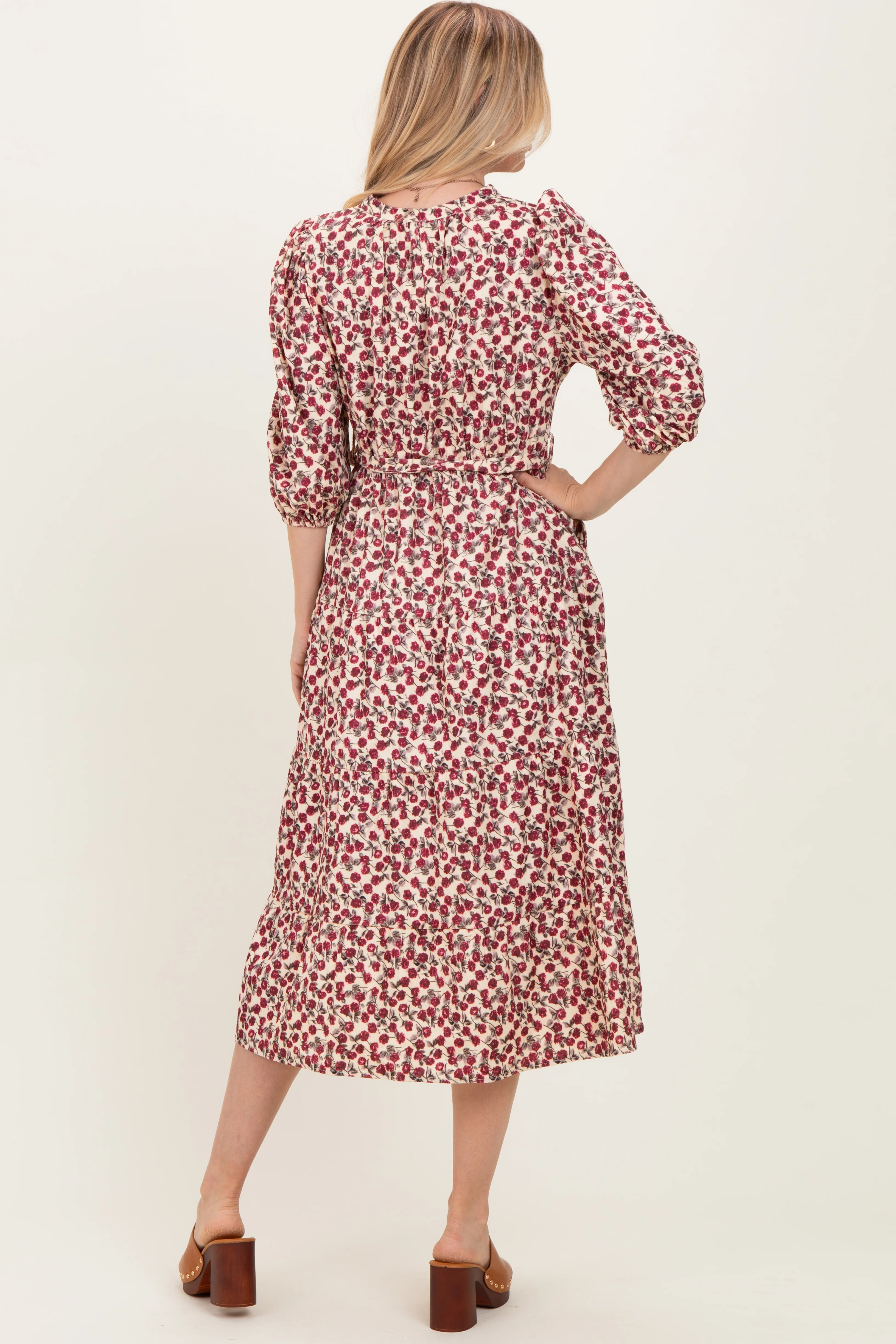 Cream Floral Button Down Front Tie Midi Dress - Image 4