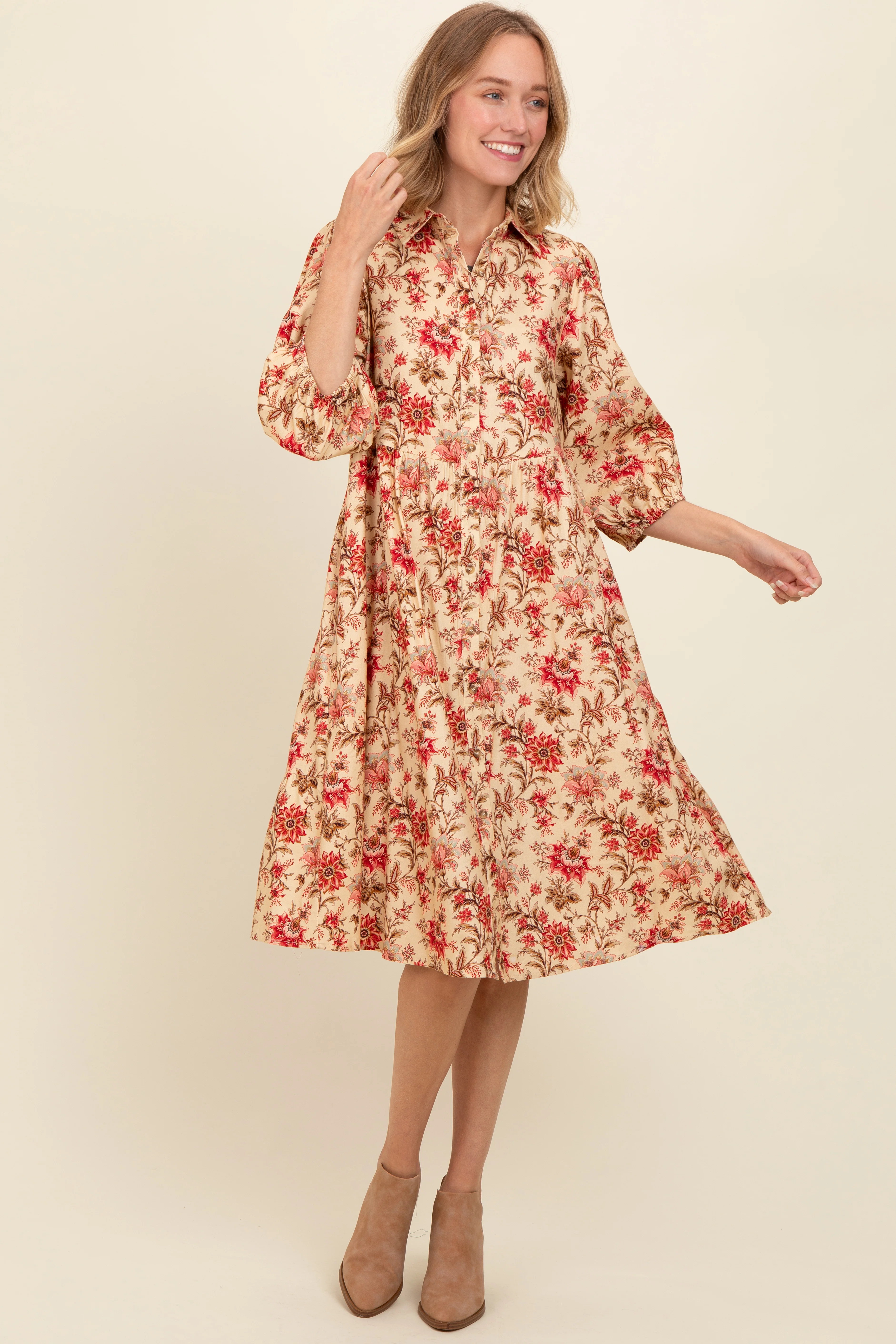 Cream Floral Button Down Midi Dress - Image 4