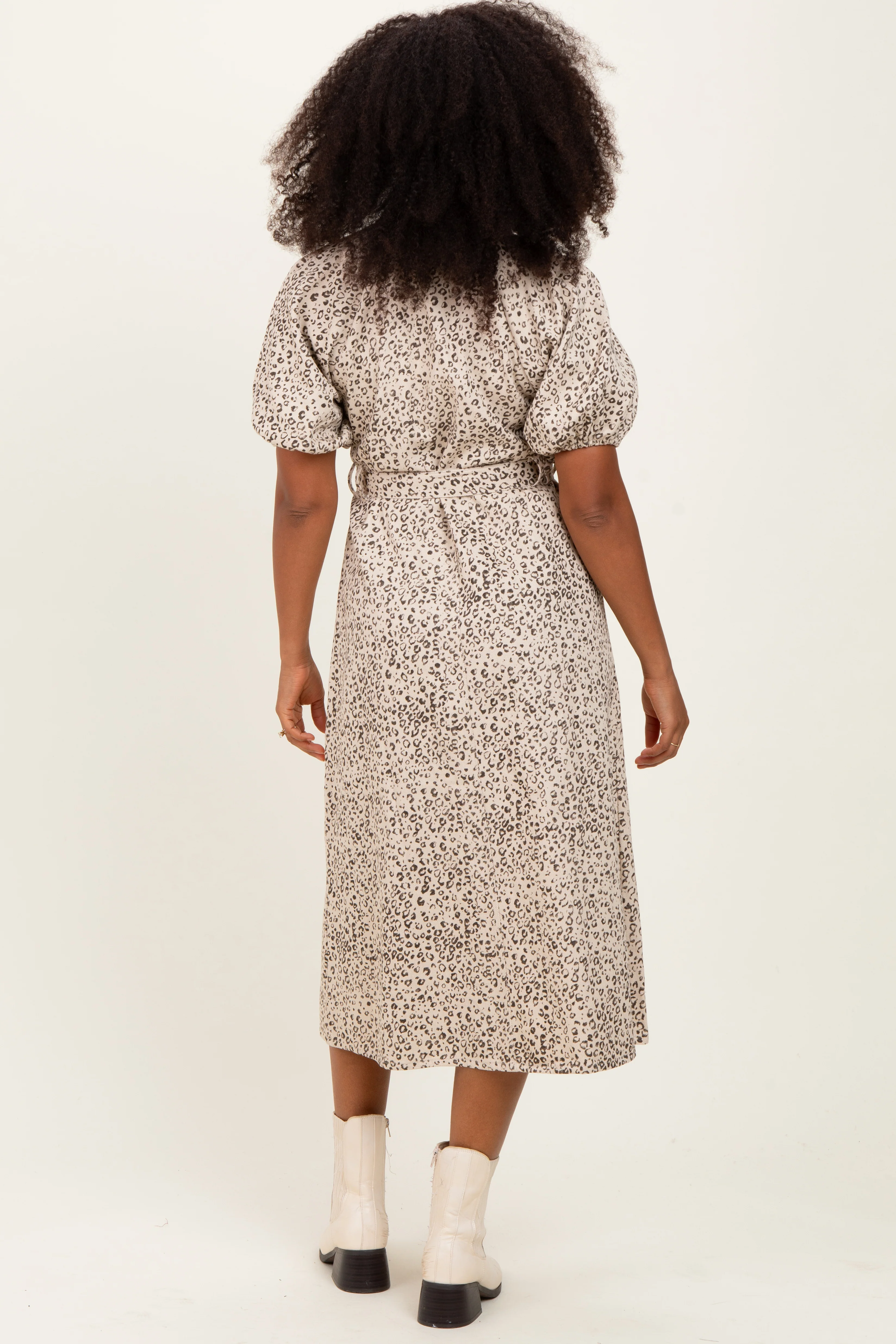 Cream Floral Button Front Waist Tie Midi Dress - Image 3