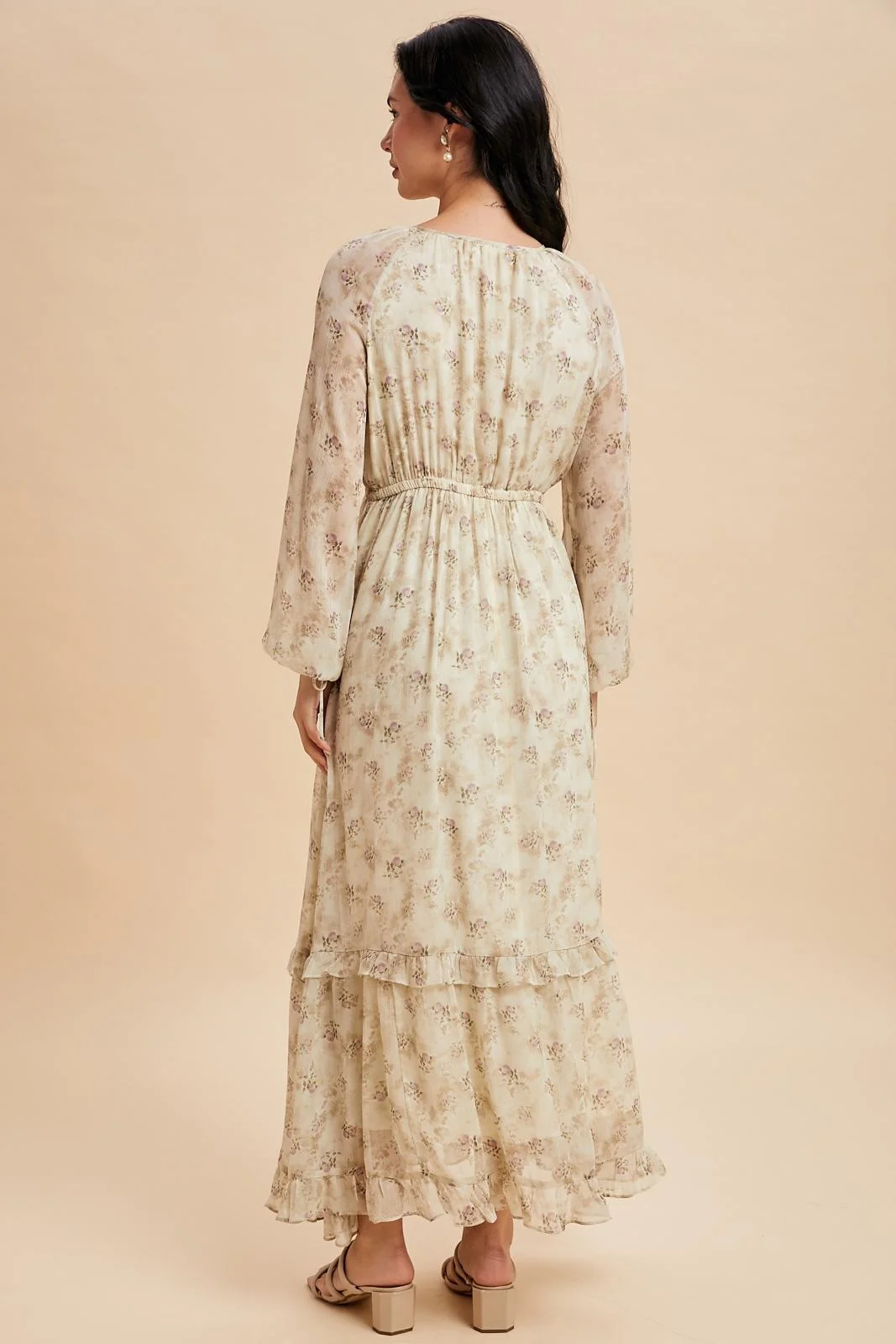 Cream Floral Chiffon Ruffle Detail Maxi Dress - Image 5