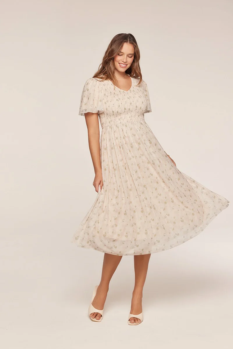 Cream Floral Chiffon Smocked Midi Dress - Image 2