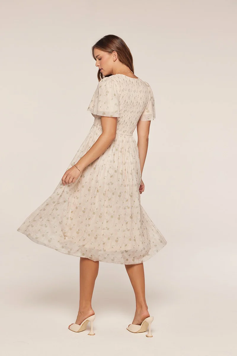 Cream Floral Chiffon Smocked Midi Dress - Image 3