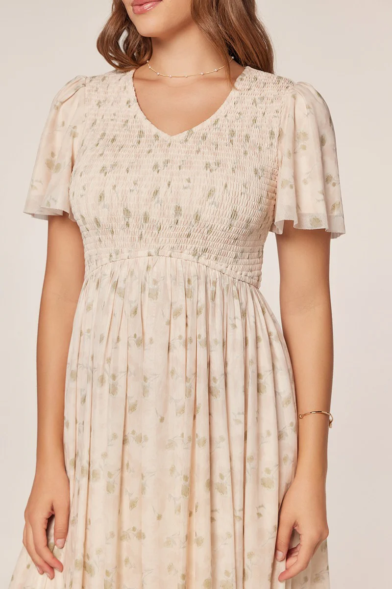 Cream Floral Chiffon Smocked Midi Dress - Image 4