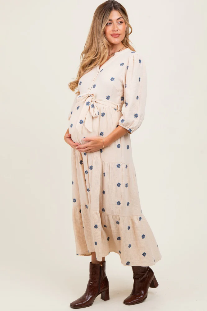 Cream Floral Cotton Gauze Tiered Maternity Midi Dress - Image 3